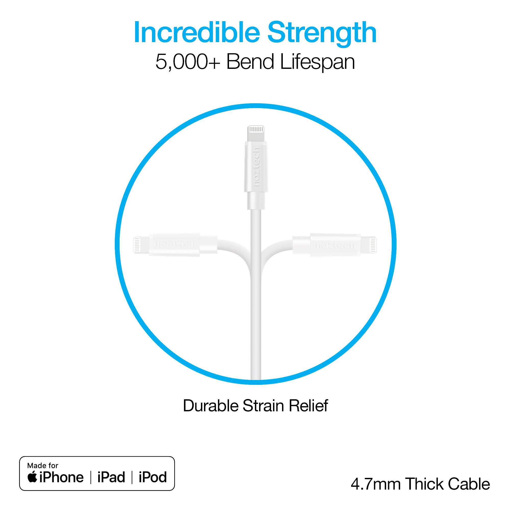 Incredible Strength  
5,000+ Bend Lifespan  
Durable Strain Relief  
Made for iPhone | iPad | iPod  
4.7mm Thick Cable