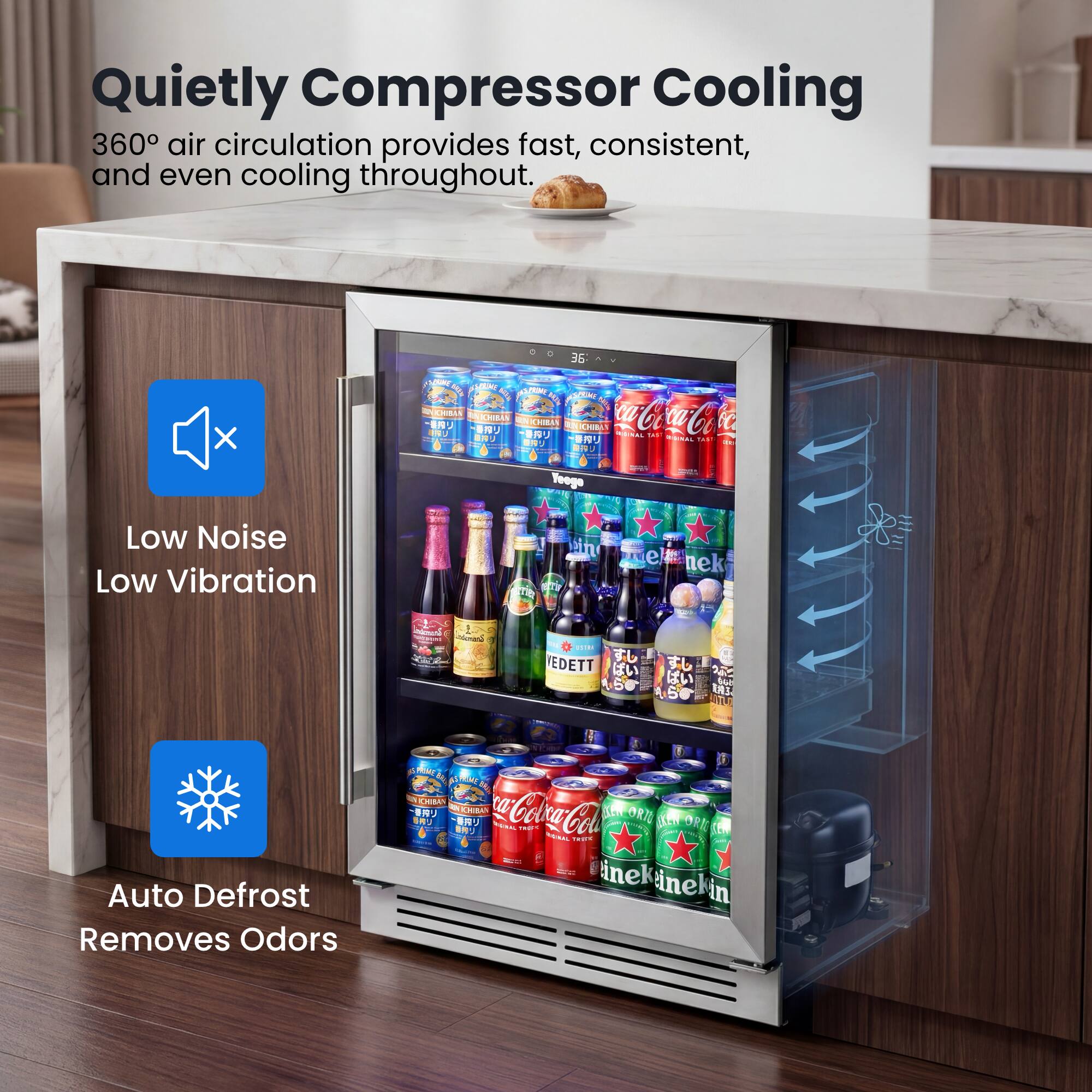Quietly Compressor Cooling  
360° air circulation provides fast, consistent, and even cooling throughout.  

Low Noise  
Low Vibration  

Auto Defrost  
Removes Odors