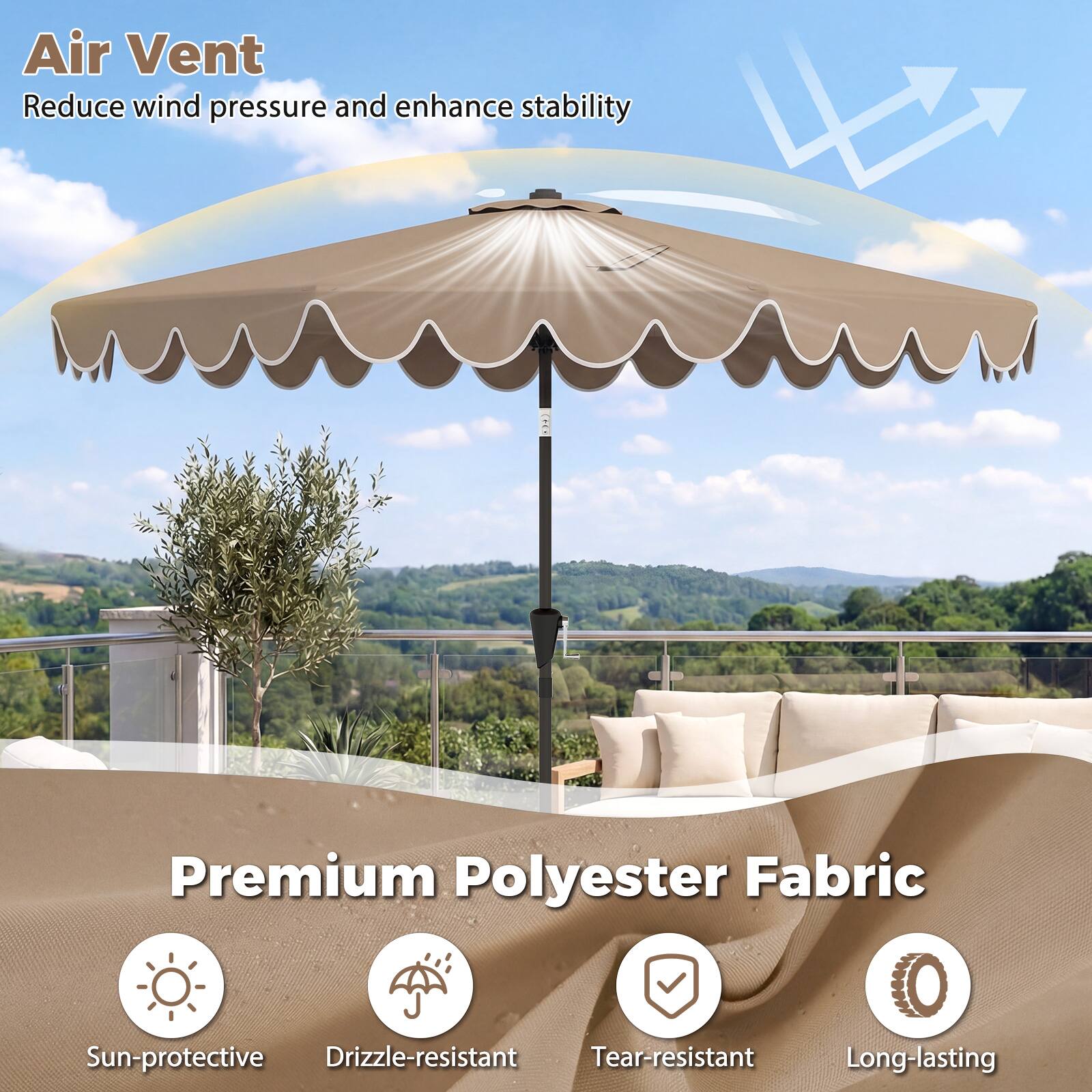 Air Vent  
Reduce wind pressure and enhance stability  

Premium Polyester Fabric  
- Sun-protective  
- Drizzle-resistant  
- Tear-resistant  
- Long-lasting