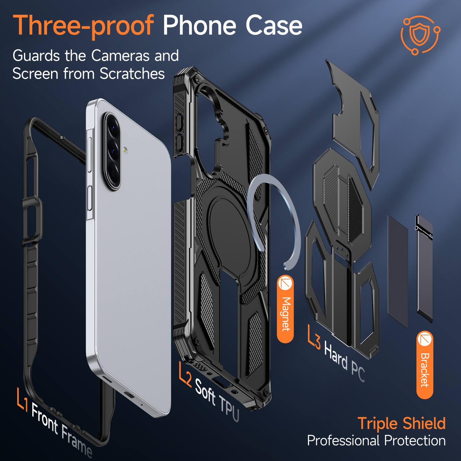 Three-proof Phone Case  
Guards the Cameras and Screen from Scratches  

L1 Front Frame  
Soft TPU  
Magnet  
L3 Hard PC Bracket  
Triple Shield  
Professional Protection