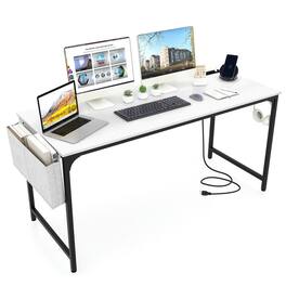 Pefilos - 60 Inch Computer Desk with Charging Station Storage Bag- Office Desk, Gaming Computer Desks for Study, Working - White