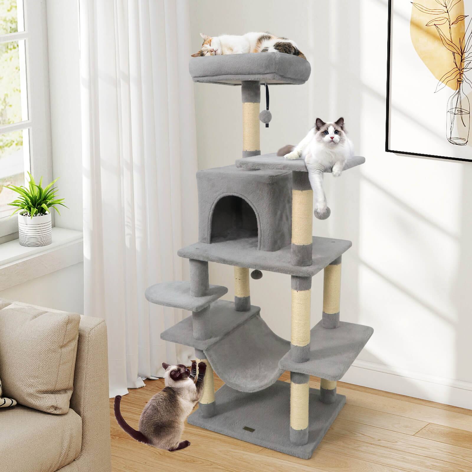 Alt View 3. Costway - Costway 58" Tall Multi-level Cat Tree with Upholstered Perch & Cat Condo, Comfy Hammock.