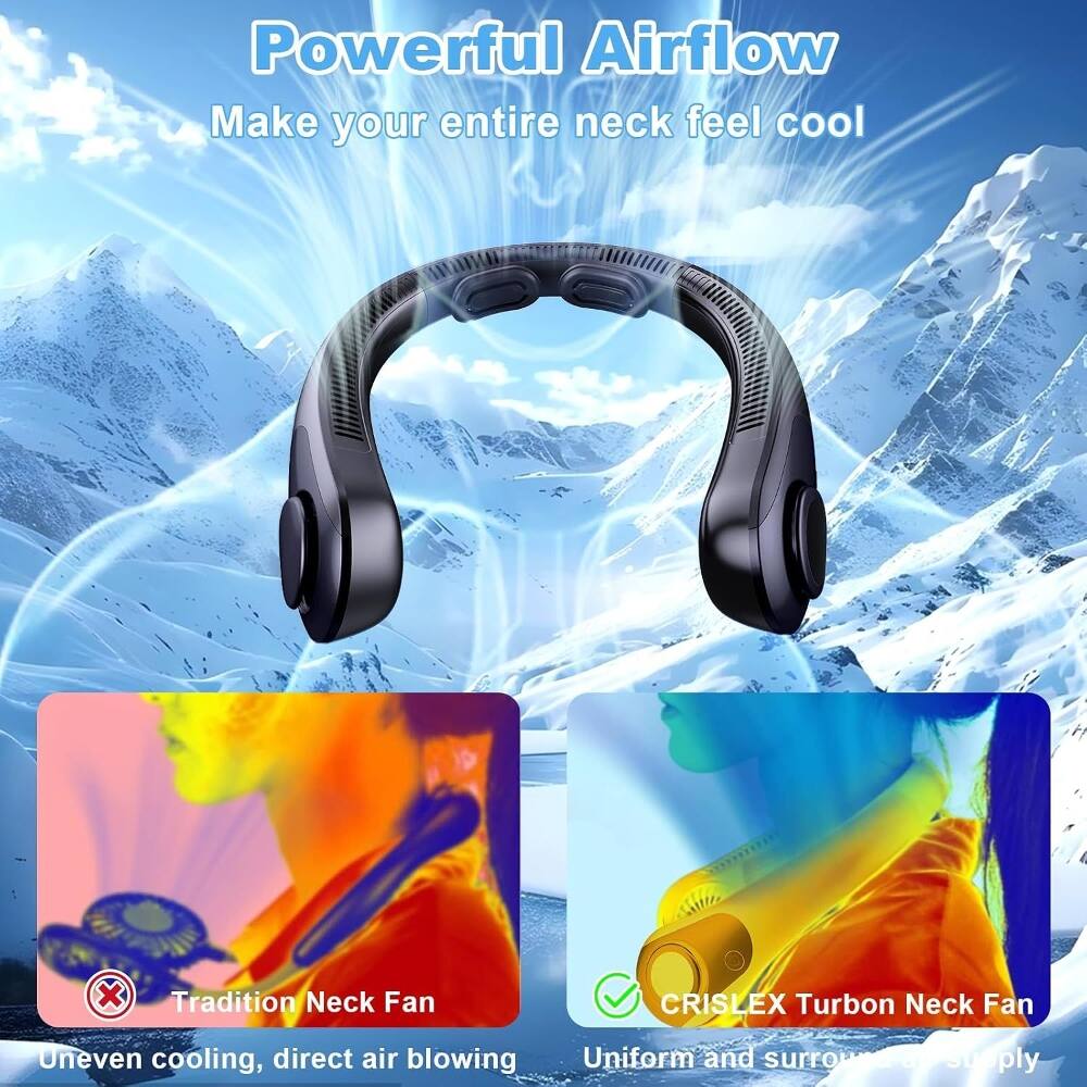 Powerful Airflow  
Make your entire neck feel cool  

Tradition Neck Fan  
Uneven cooling, direct air blowing  

CRISLEX Turbon Neck Fan  
Uniform and surround air supply