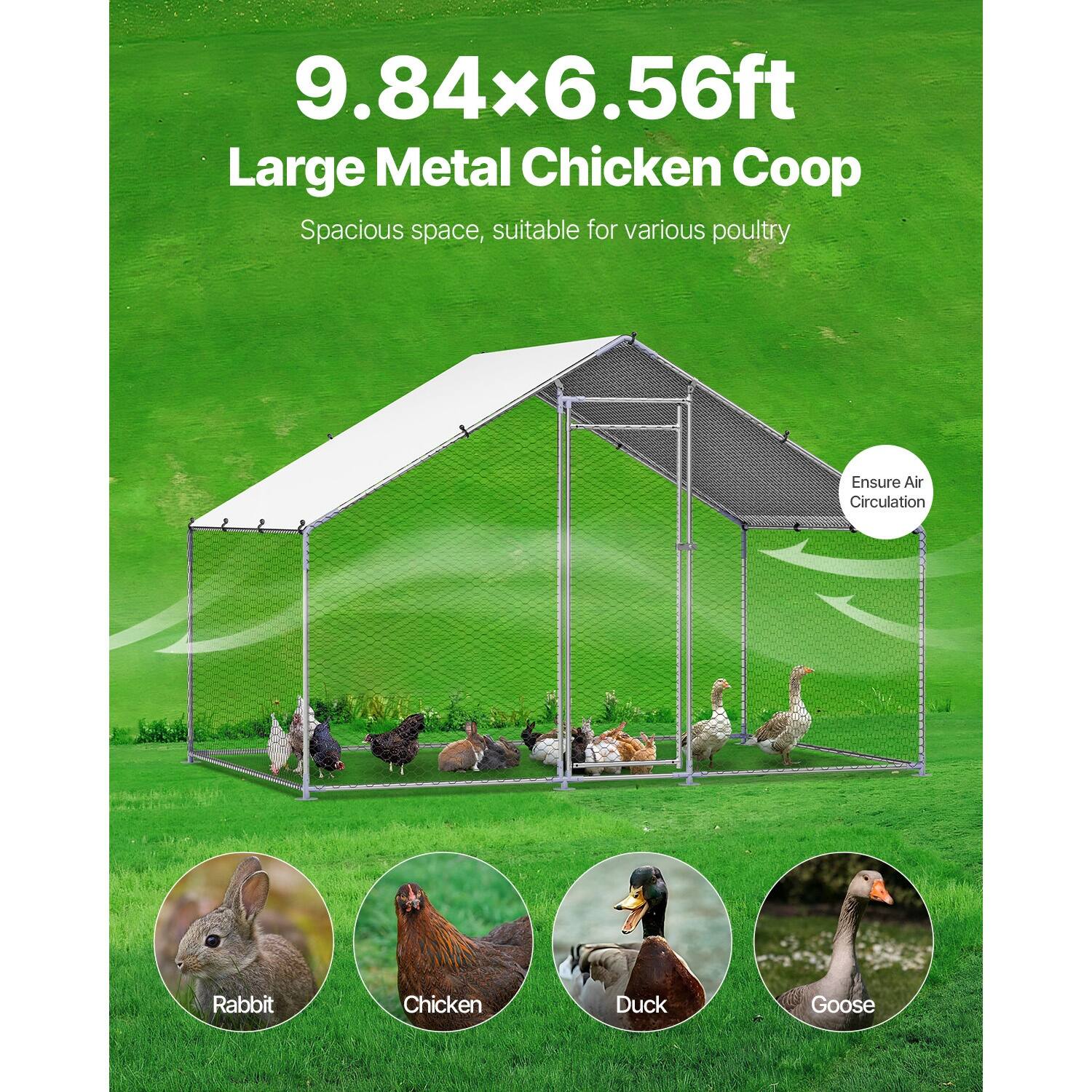 9.84x6.56ft Large Metal Chicken Coop  
Spacious space, suitable for various poultry  
Ensure Air Circulation  

Rabbit  
Chicken  
Duck  
Goose