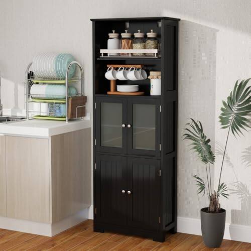 Alt View 6. Ecooso - 6-Tier Freestanding Bathroom Cabinet with 2 Open Compartments and Adjustable Shelves - Black.