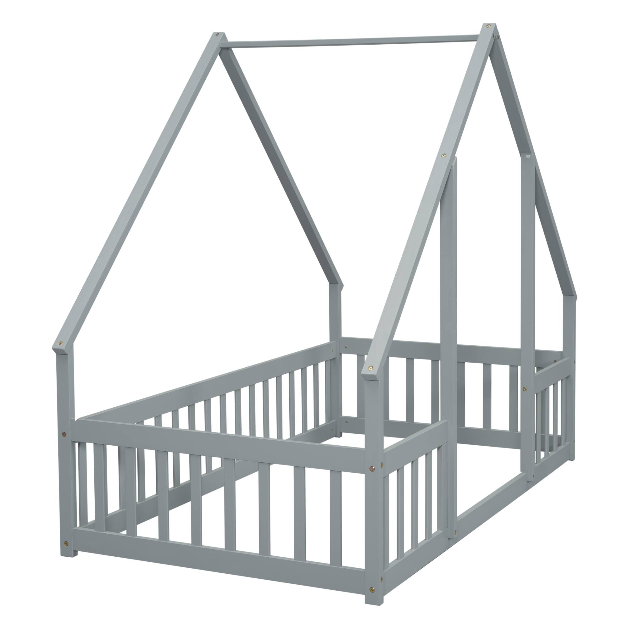 Alt View 1. GOODSILO - House-Shaped Twin Floor Bed with Safety Fence and Guardrails for Children's Playful Sleep Space - Grey.