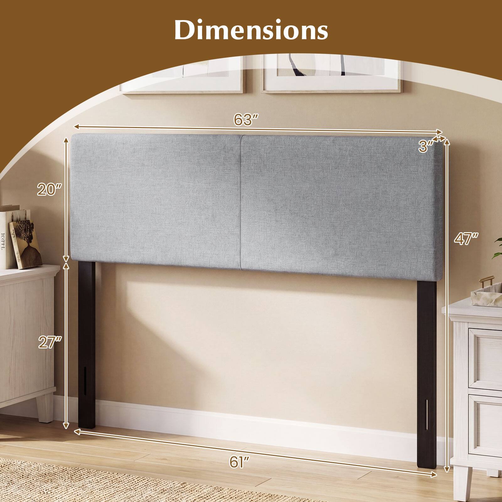 Dimensions: 63" W x 20" D x 47" H x 27" D x 61"