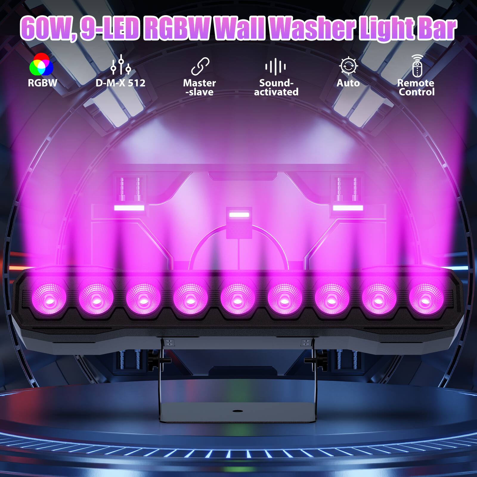 60W, 9-LED RGBW Wall Washer Light Bar

- RGBW
- D-M-X 512
- Master -slave
- Sound-activated
- Auto
- Remote Control