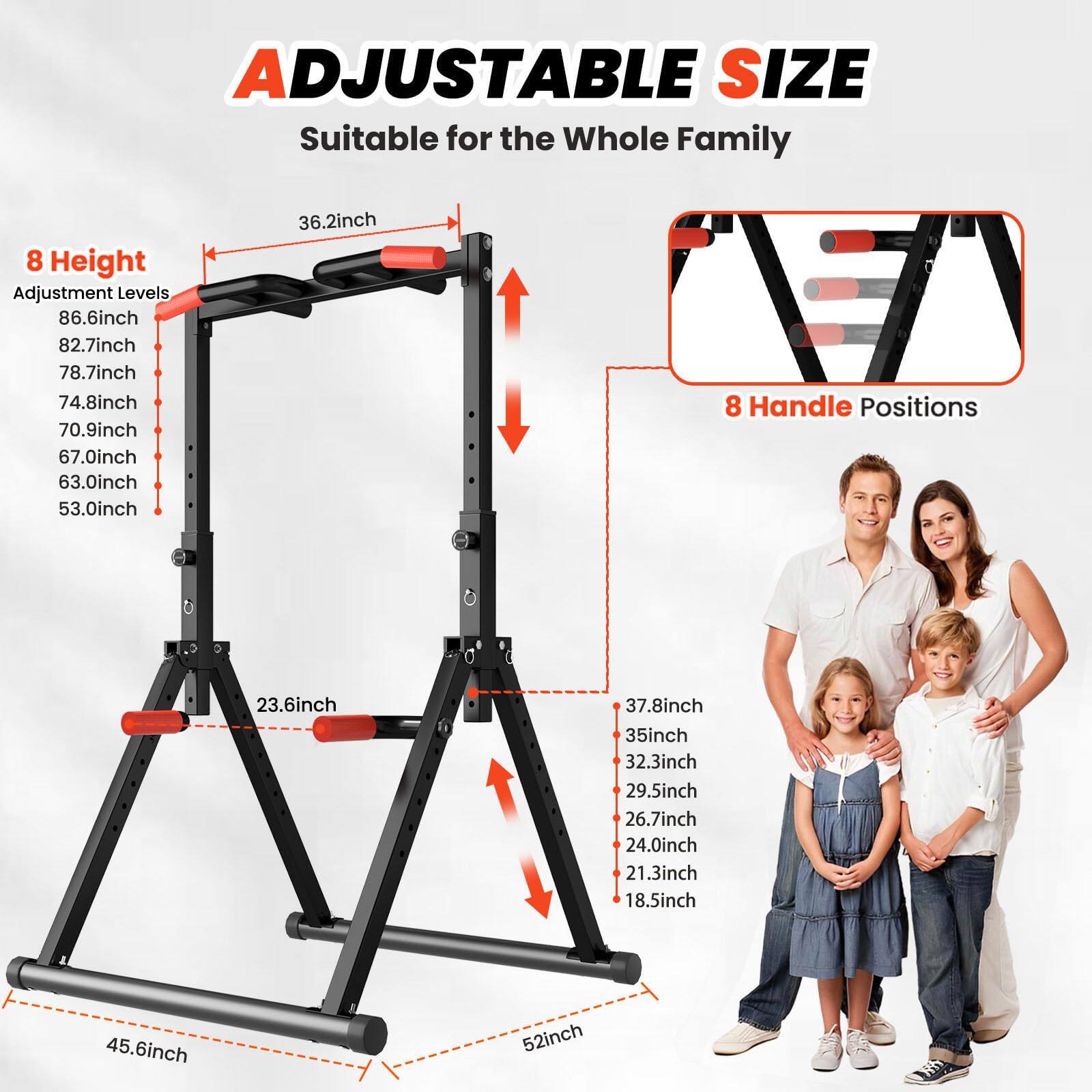 ADJUSTABLE SIZE  
Suitable for the Whole Family  

8 Height Adjustment Levels  
86.6inch  
82.7inch  
78.7inch  
74.8inch  
70.9inch  
67.0inch  
63.0inch  
53.0inch  

8 Handle Positions  
37.8inch  
35inch  
32.3inch  
29.5inch  
26.7inch  
24.0inch  
21.3inch  
18.5inch  

36.2inch  
23.6inch  
45.6inch  
52inch