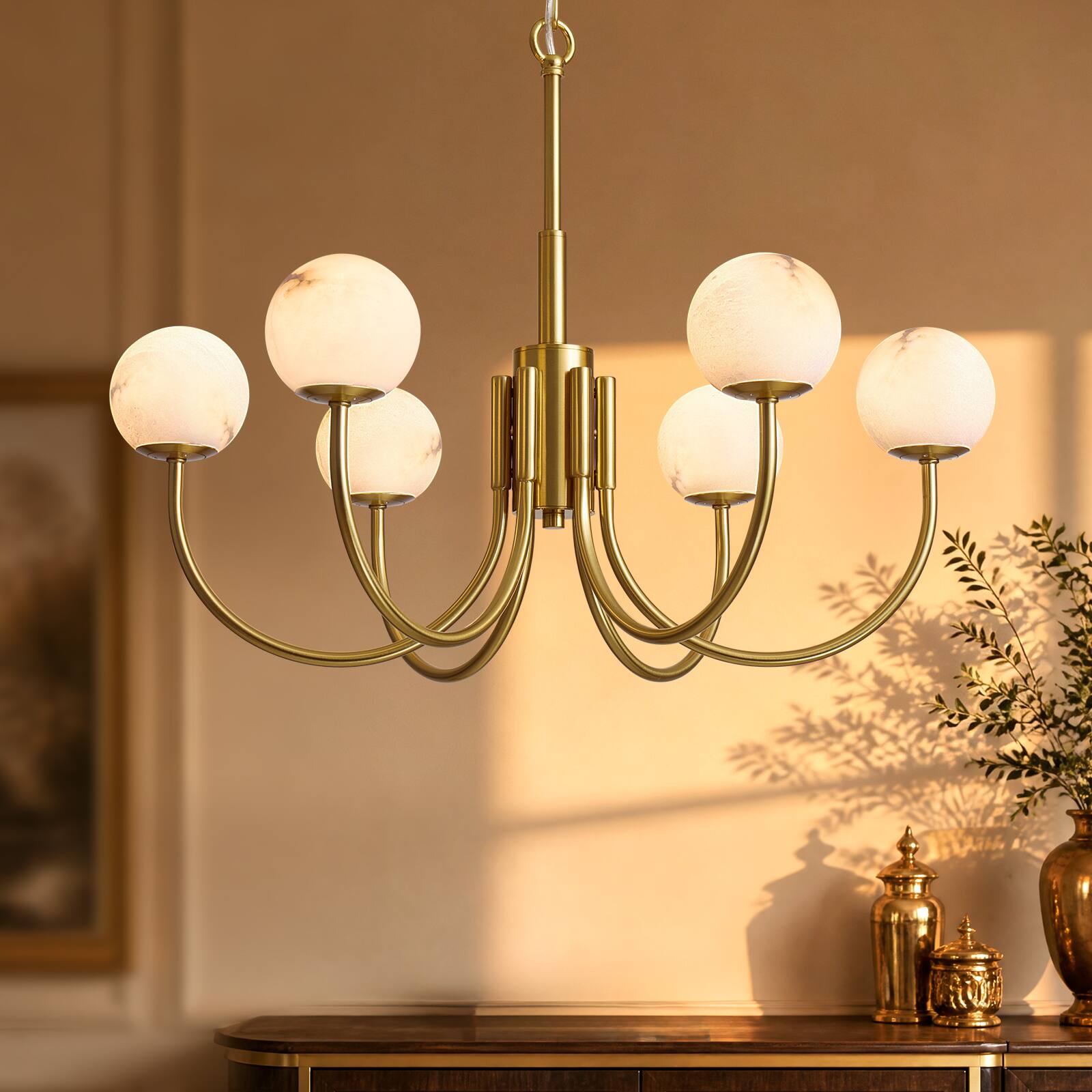 Front. Siljoy - 26 Inch 6-Light Natural Alabaster Globe Chandelier Gold Modern Pendant Light for Living Room Bedroom Dining Room - Gold.