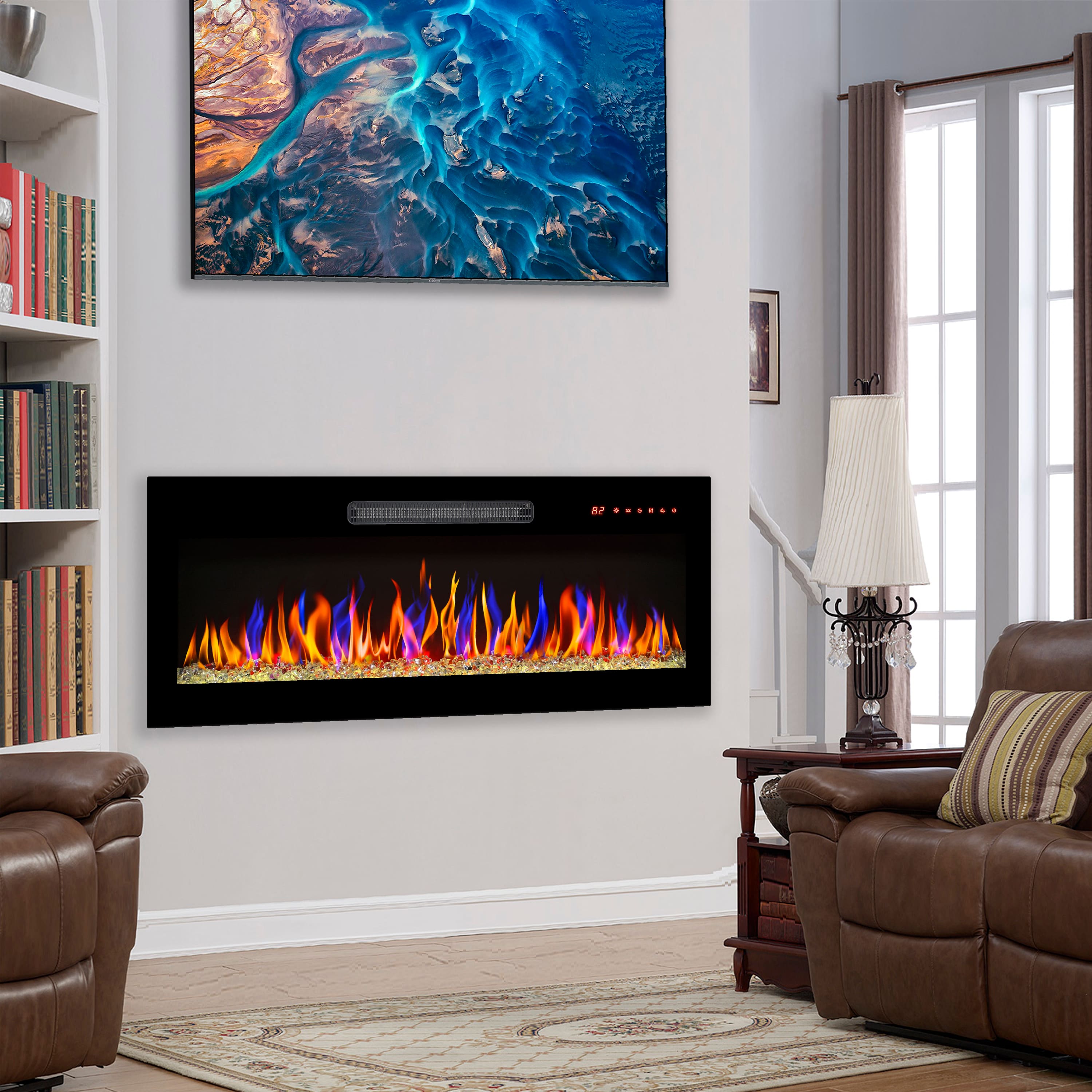 PexFix - 36" Ultra-Thin Electric Fireplace Recessed Wall-Mounted with Multi-Color Flame, LED Heater, Remote, Tempered Glass - Black