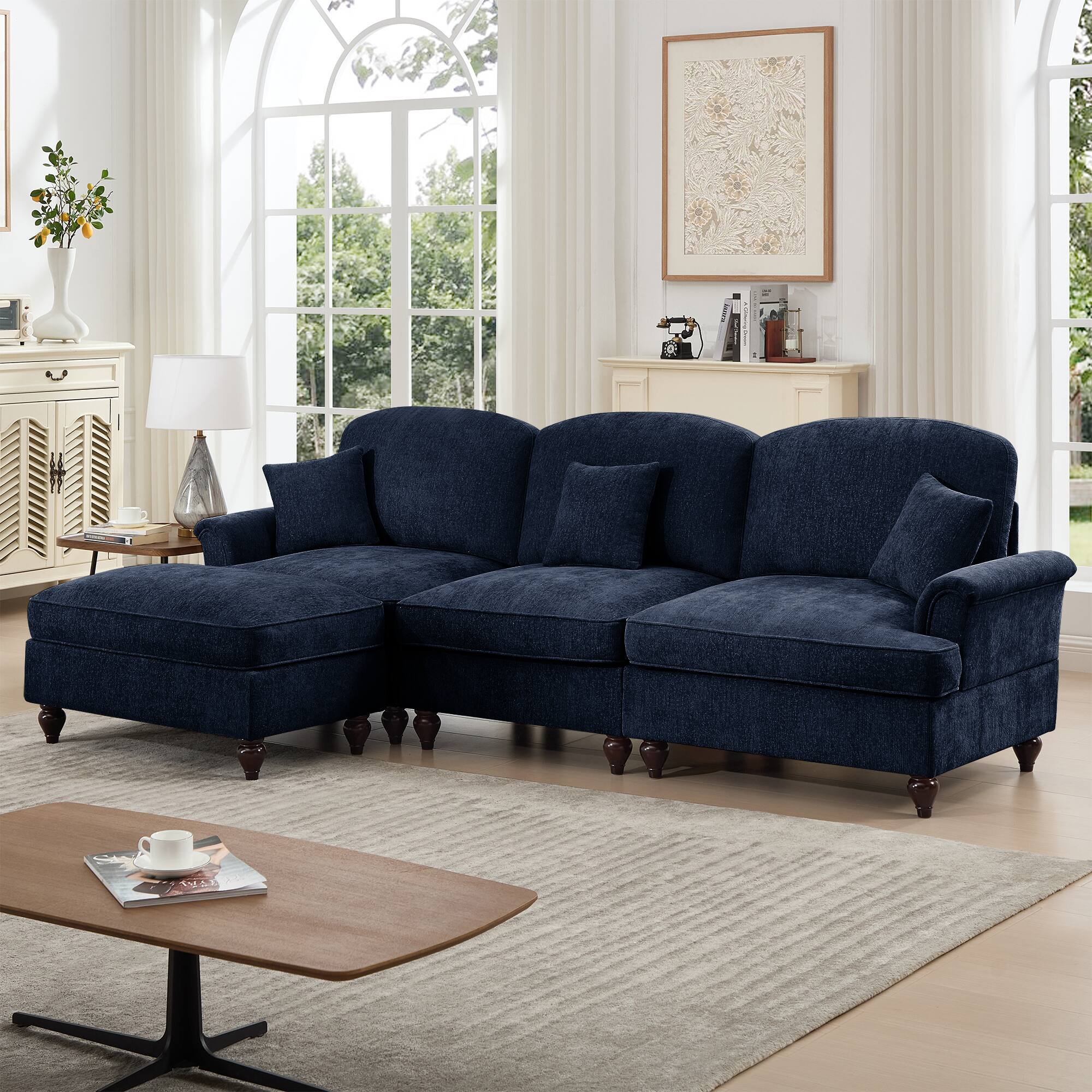Angle. Anysun - Mid-Century L-Shape Chenille Sectional with Ottoman - Flared Arms, Ruffled Skirt & Spindle Legs - Blue.