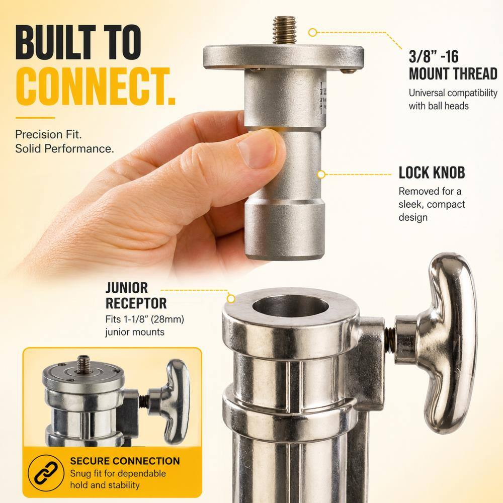 BUILT TO CONNECT.  
Precision Fit. Solid Performance.  
3/8" -16 MOUNT THREAD  
Universal compatibility with ball heads  
LOCK KNOB  
Removed for a sleek, compact design  
JUNIOR RECEPTOR  
Fits 1-1/8" (28mm) junior mounts  
SECURE CONNECTION  
Snug fit for dependable hold and stability