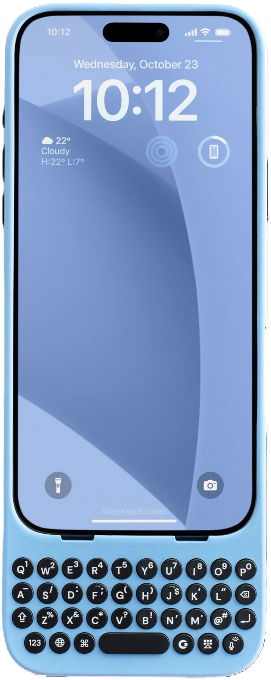 The image shows a blue cell phone with a blue background. The time displayed on the phone is 10:12. The phone is open, and the weather is cloudy. The phone screen also shows the date, which is October 23. The phone's home screen features a keyboard with letters and numbers, including the letters A, B, C, D, E, F, G, H, I, J, K, L, M, N, O, P, Q, R, S, T, U, V, W, X, Y, and Z.