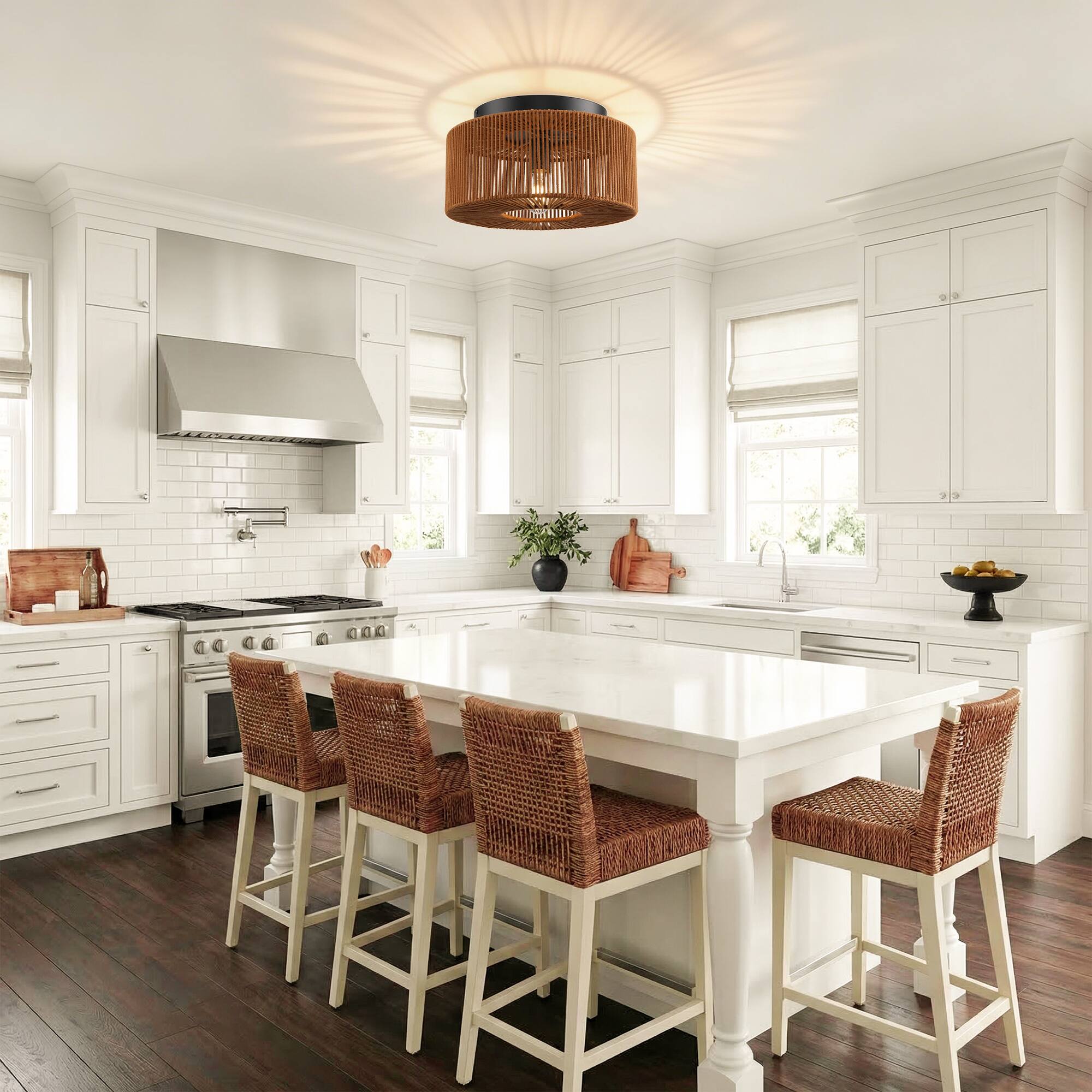 Angle. Parrot Uncle - 14 in. 3-Light Brown Boho Handwoven Cotton shade Semi Flush Mount Ceiling Light - Brown.