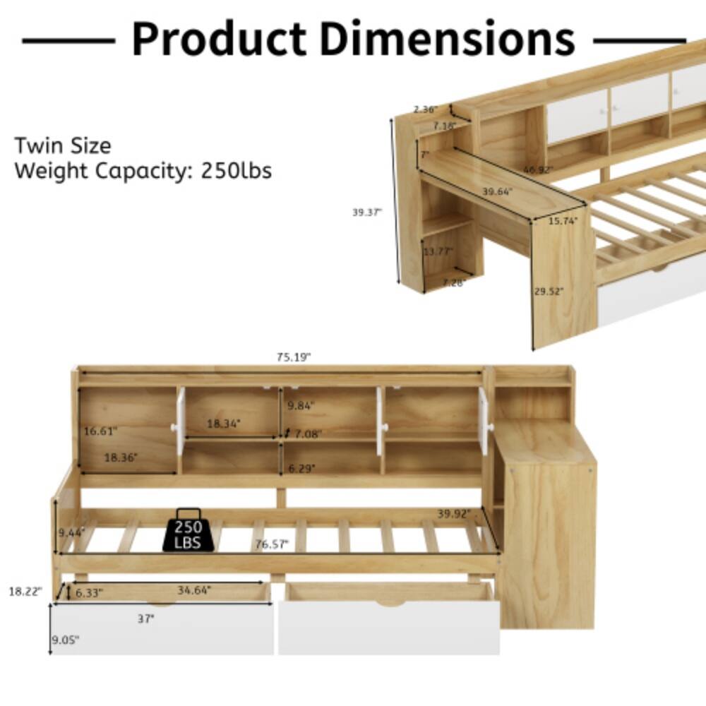 Product Dimensions  
Twin Size  
Weight Capacity: 250lbs  

- 2.36"  
- 7.15"  
- 7"  
- 46.92"  
- 39.64"  
- 15.74"  
- 13.77"  
- 7.20"  
- 29.52"  
- 75.19"  
- 16.61"  
- 18.34"  
- 9.84"  
- 7.08"  
- 18.36"  
- 6.29"  
- 9.44"  
- 250 LBS  
- 76.57"  
- 39.92"  
- 18.22"  
- 6.33"  
- 34.64"  
- 37"  
- 9.05"