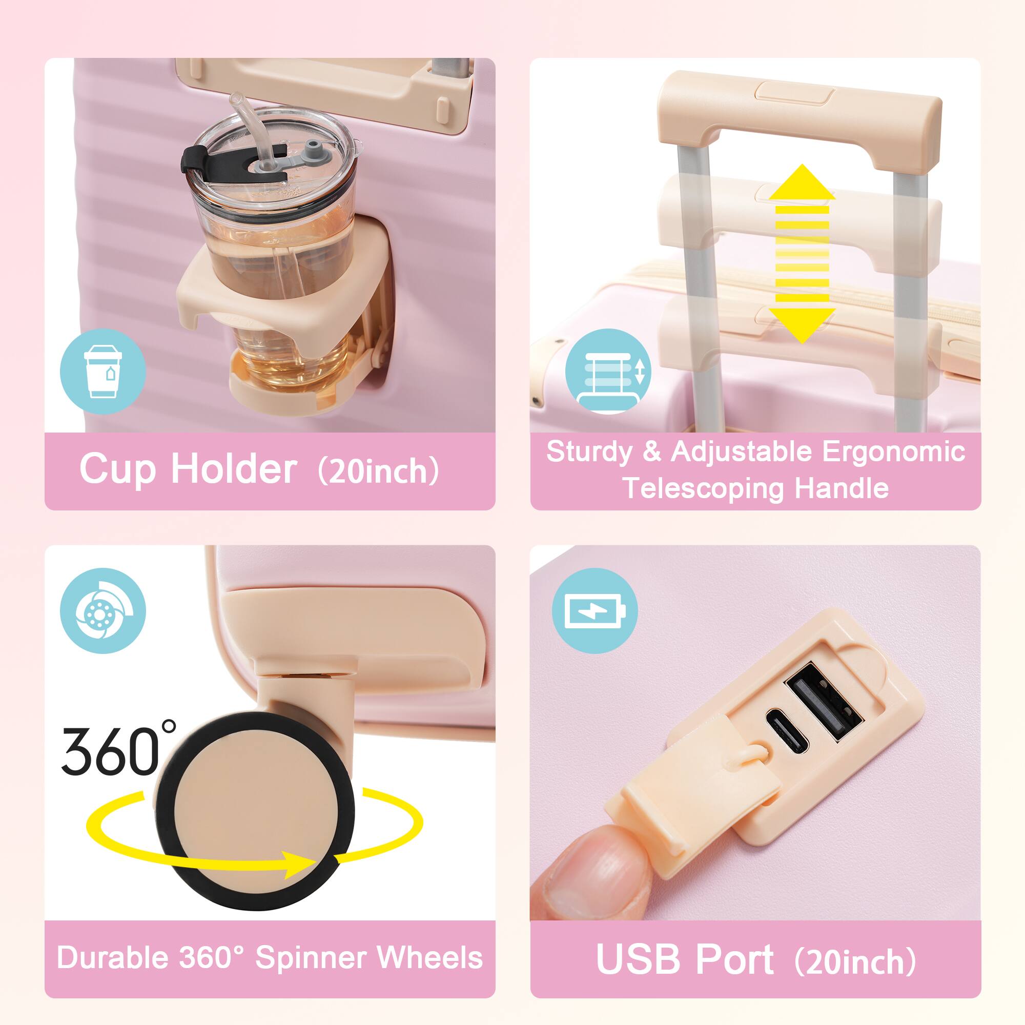- Cup Holder (20inch)
- Sturdy & Adjustable Ergonomic Telescoping Handle
- Durable 360° Spinner Wheels
- USB Port (20inch)