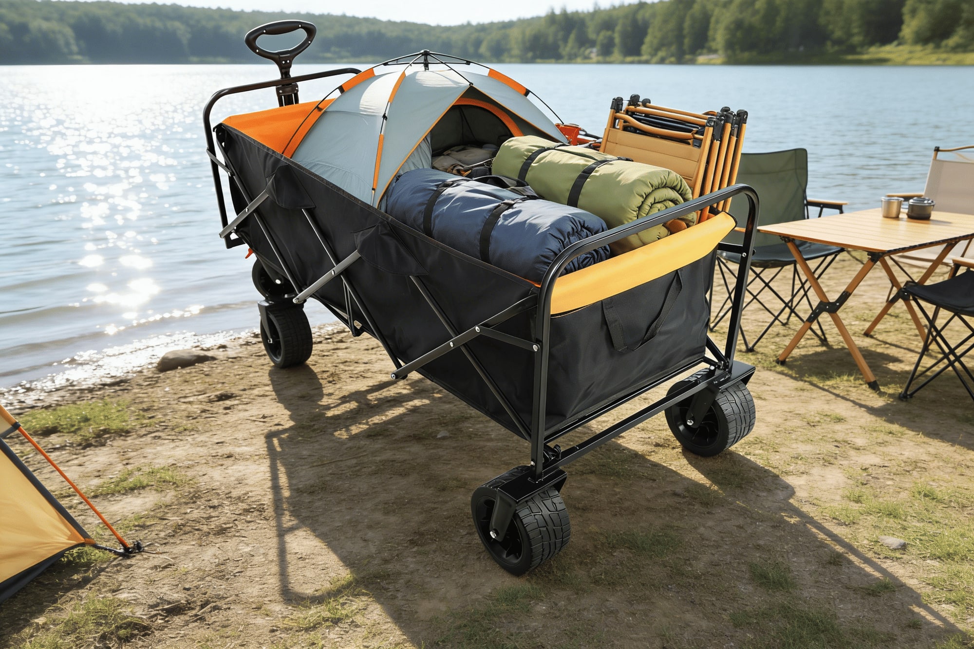 Loheer - Extra Long Folding Wagon Beach Cart Large Capacity Heavy Duty Garden Shopping Collapsible Utility Cart
