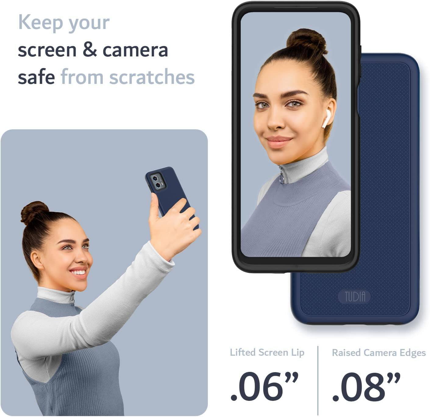 Keep your screen & camera safe from scratches

TUDIA

Lifted Screen Lip .06"

Raised Camera Edges .08"
