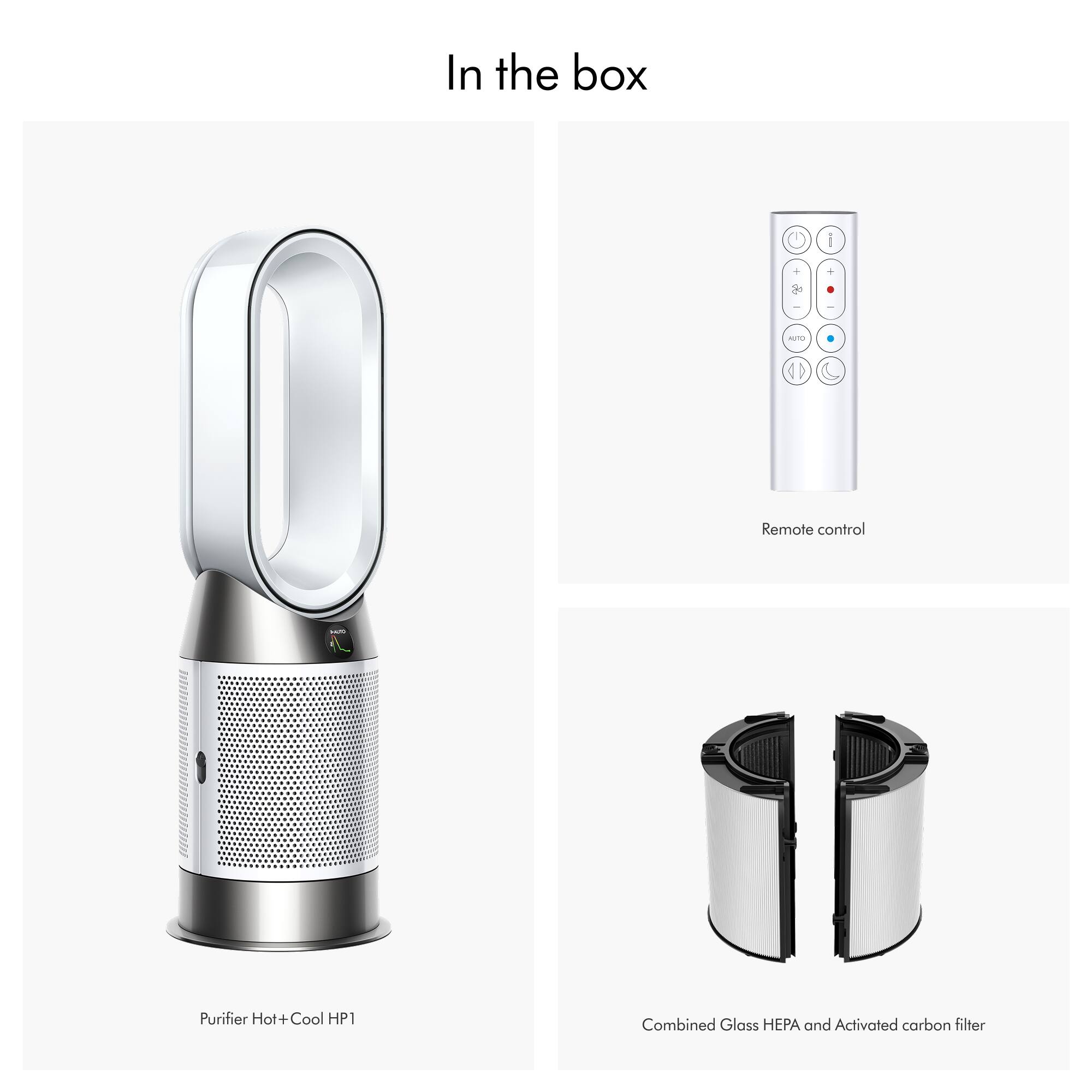 In the box, there is a remote control, a purifier, and a hot and cool HP1. The purifier is equipped with a combined glass HEPA and activated carbon filter.