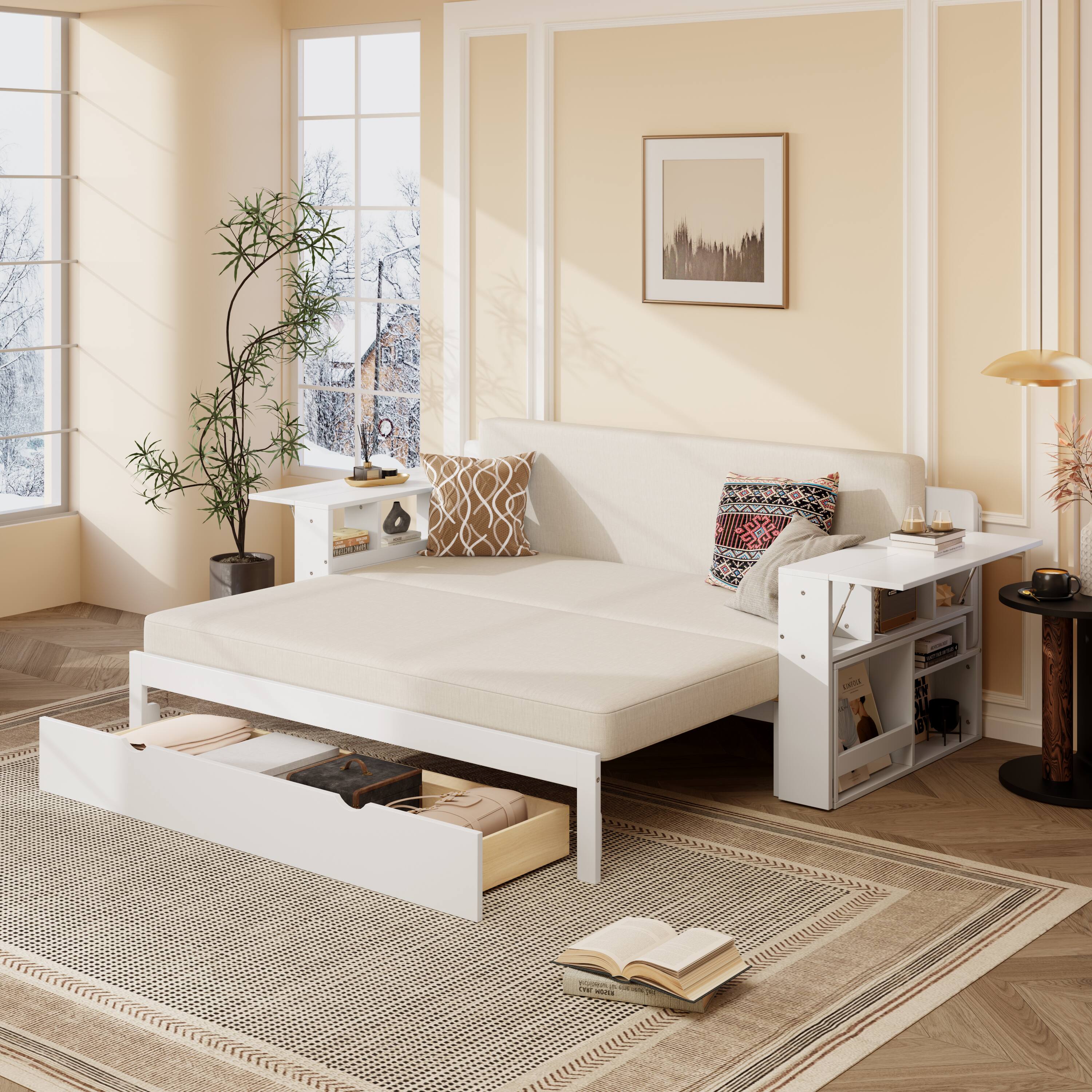 Left. Anysun - Queen Size Daybed with Removable Desk, Storage Drawers & Hydraulic Side Table - White.