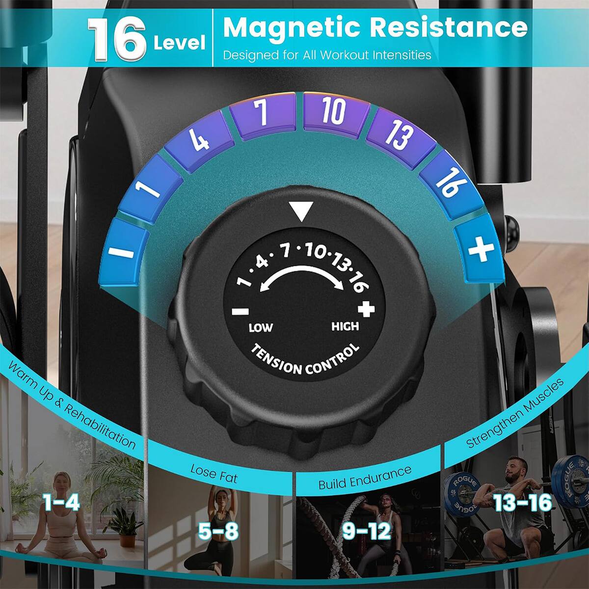 Magnetic Resistance 16 Level Designed for All Workout Intensities

1-4 7 10 4 13 1 16 4 7 10-13-16 10 + 1 13.16 16 + LOW HIGH Warm tension CONTROL Up & Muscles Rehabilitation Strengthen Lose Fat Endurance

KOGUE Build ROGUE 9 1-4 13-16

D 5-8 9-12