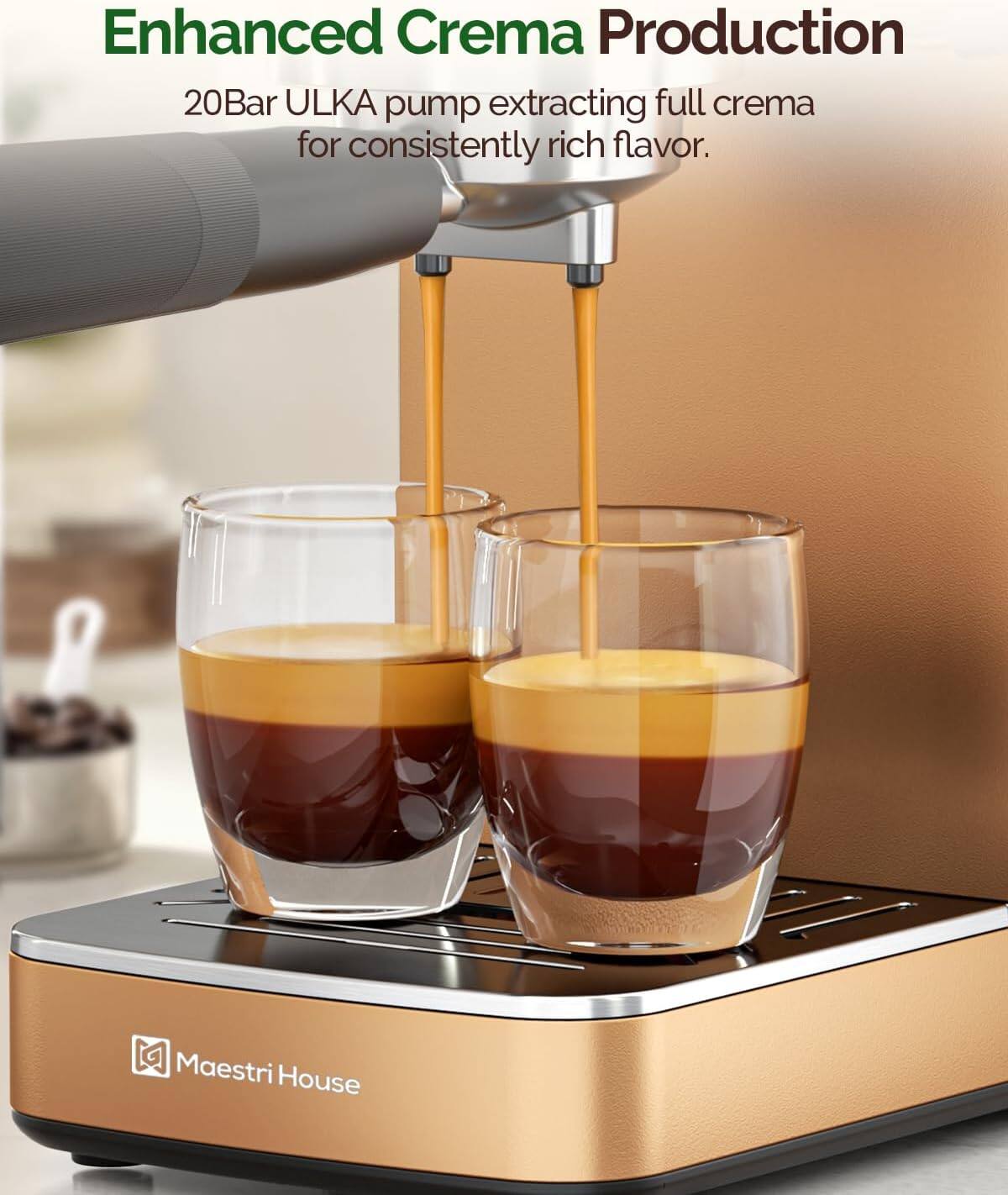 Enhanced Crema Production  
20Bar ULKA pump extracting full crema for consistently rich flavor.  
Maestri House