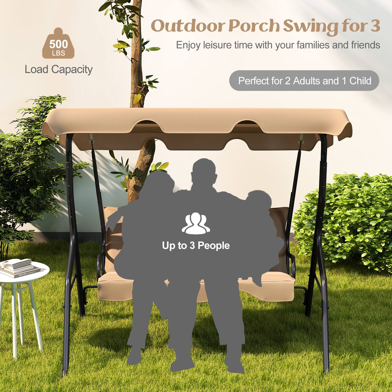 The text on the image reads: "500 LBS Outdoor Porch Swing for 3 Enjoy leisure time with your families and friends Load Capacity Perfect for 2 Adults and 1 Child Up to 3 People."