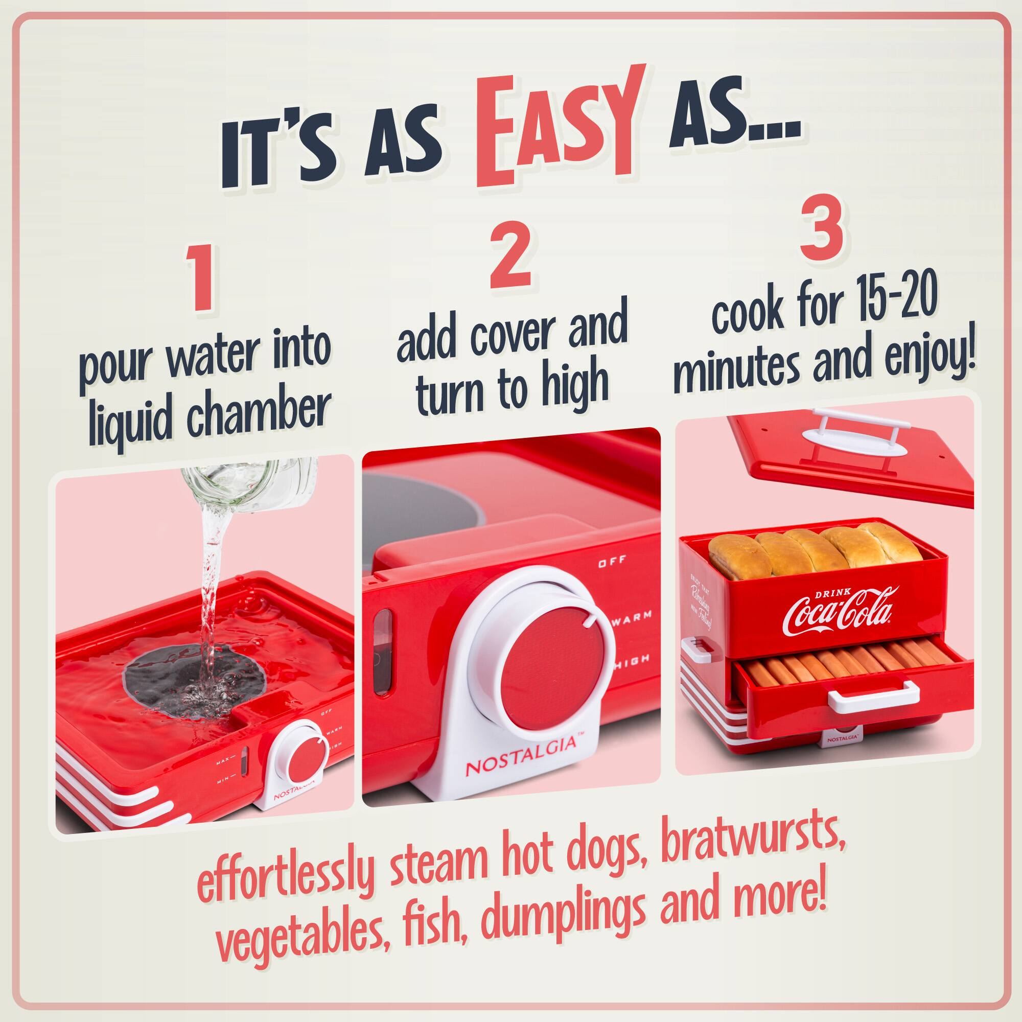 IT'S AS EASY AS...
1. pour water into liquid chamber
2. add cover and turn to high
3. cook for 15-20 minutes and enjoy!

effortlessly steam hot dogs, bratwursts, vegetables, fish, dumplings and more!