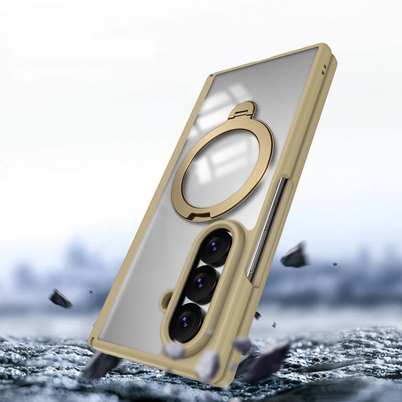 Back. Dteck - For Samsung Galaxy Z Fold8 Ultra Magnetic Case Built-in Screen Protector,Shockproof Ring Stand Clear Back Hinge Cover - Gold.