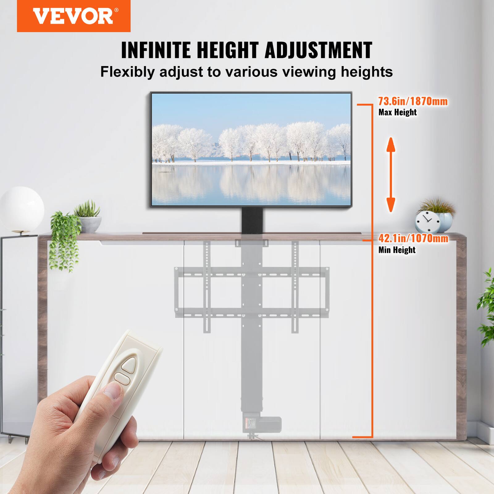 VEVOR

INFINITE HEIGHT ADJUSTMENT  
Flexibly adjust to various viewing heights

73.6in/1870mm  
Max Height

42.1in/1070mm  
Min Height