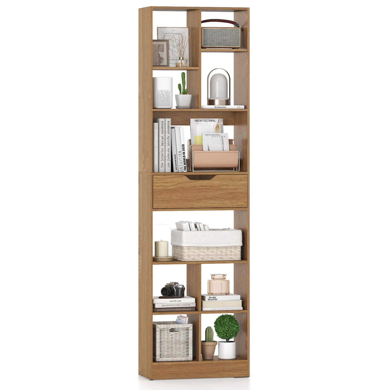 "Costway - 1 PCS 71"" Bookcase with Drawer 10 Open Cubes Anti-toppling Kits for Living Room Study - Natural" price history on PriceWatchPro