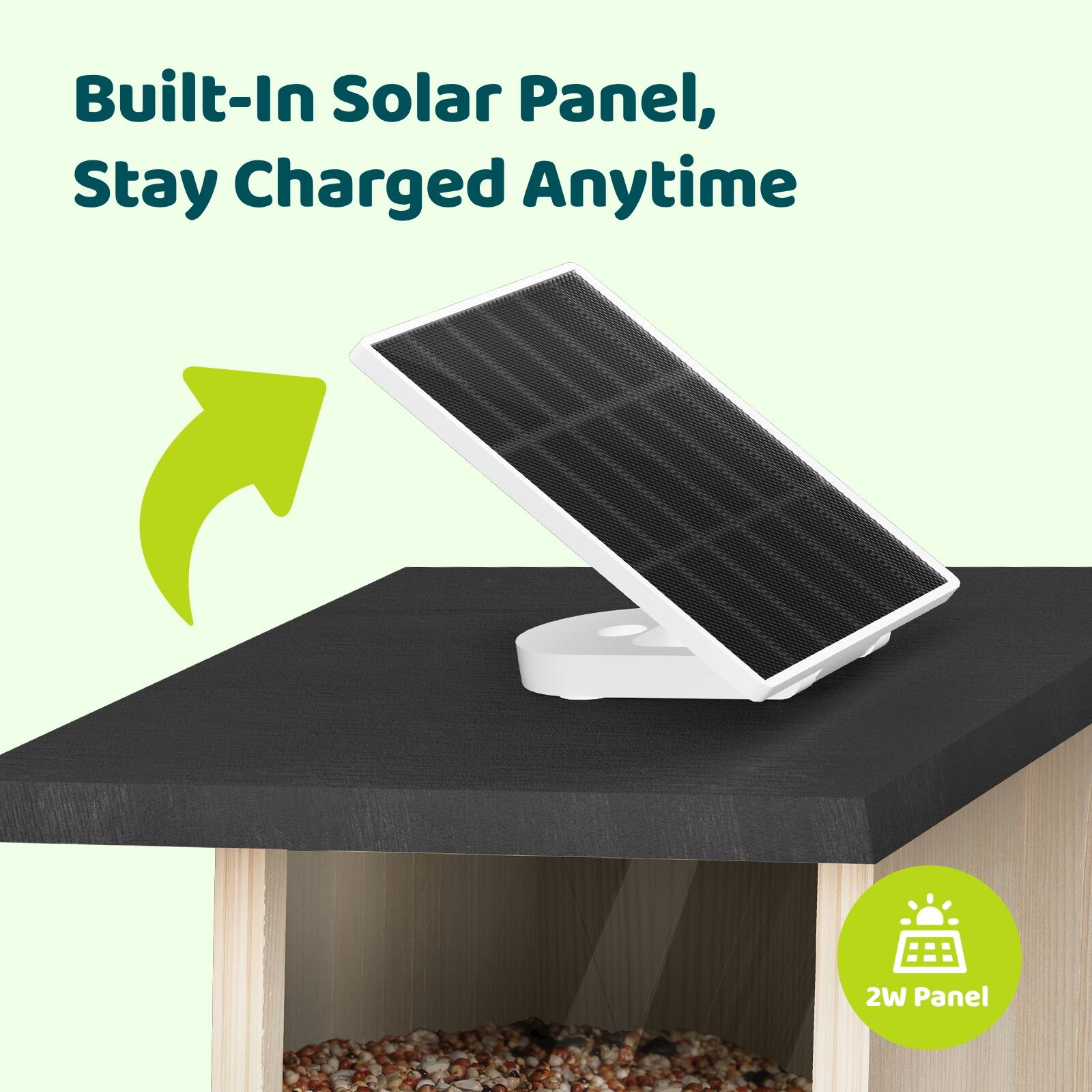Built-In Solar Panel, Stay Charged Anytime  
2W Panel