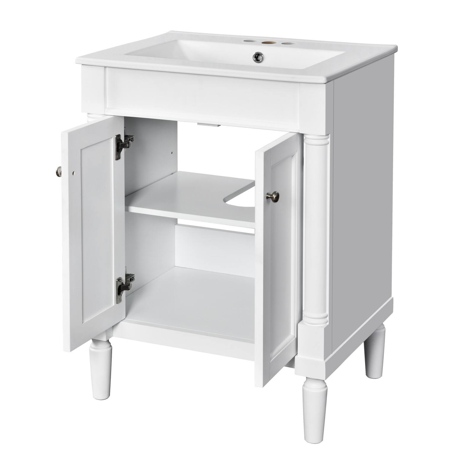 Alt View 8. Glintex - 24'' Bathroom Vanity with Top Sink, 2-Tier Bathroom Storage Cabinet, Single Sink Bathroom Vanity, Large Storage Shelves - White.