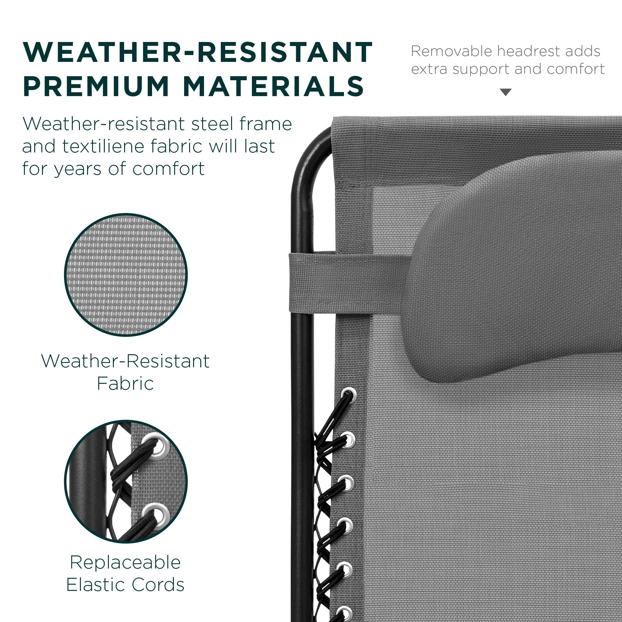 **WEATHER-RESISTANT PREMIUM MATERIALS**

- Weather-resistant steel frame and textilene fabric will last for years of comfort

- Removable headrest adds extra support and comfort

- Weather-Resistant Fabric

- Replaceable Elastic Cords