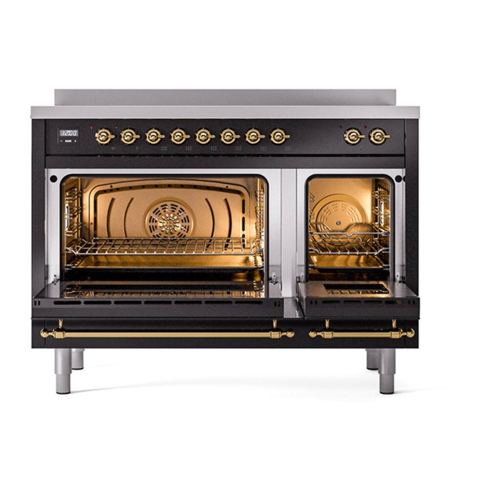 Alt View 2. ILVE - ILVE Nostalgie II 48 inch Induction Range with 6 Elements  (Triple Glass Door, Glossy Black, Brass) - Glossy Black.