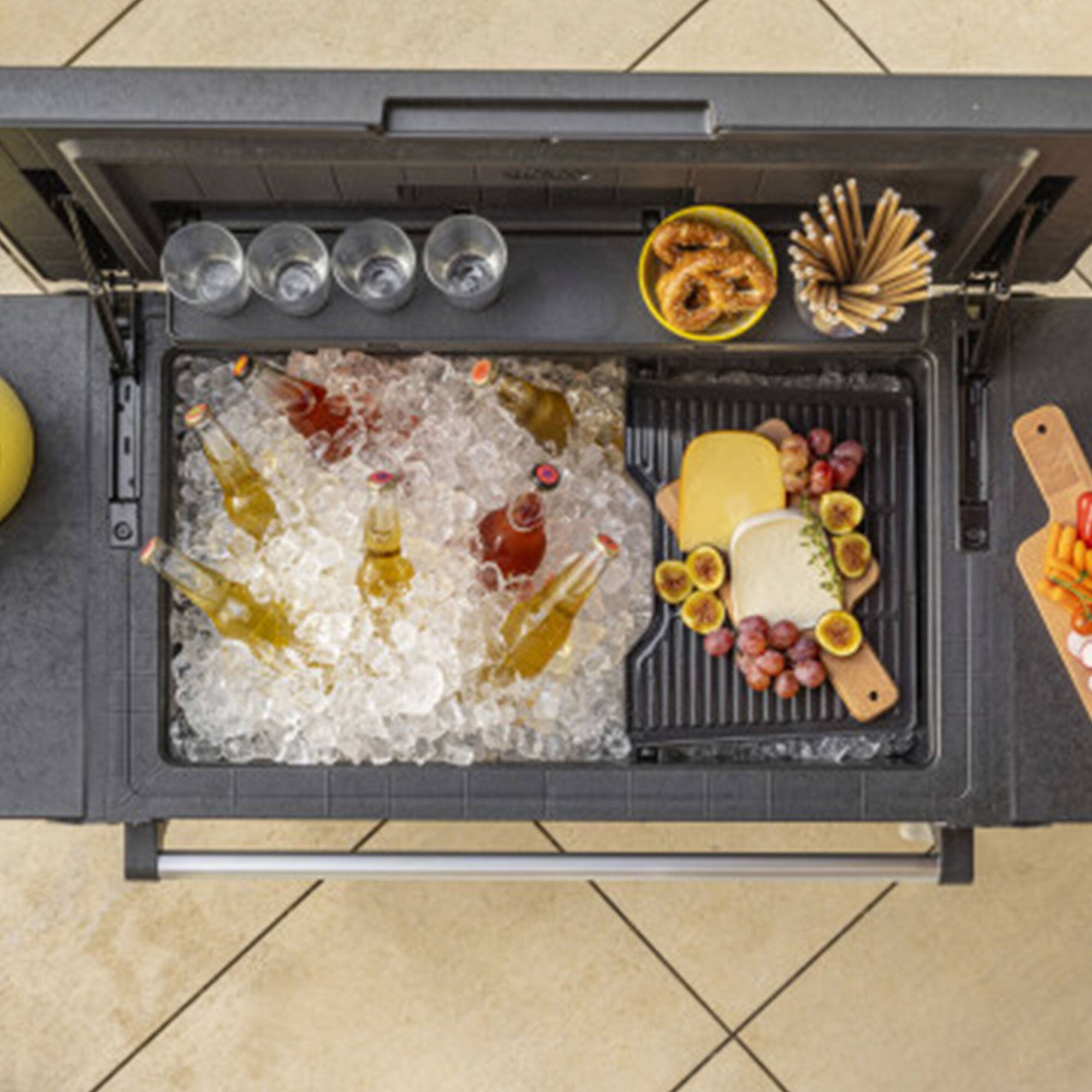 Alt View 7. Keter - Keter Outdoor Patio Cooler Chest, 89.8 Qt Beverage Bar Cart w/ Wheels, Graphite - Gray.