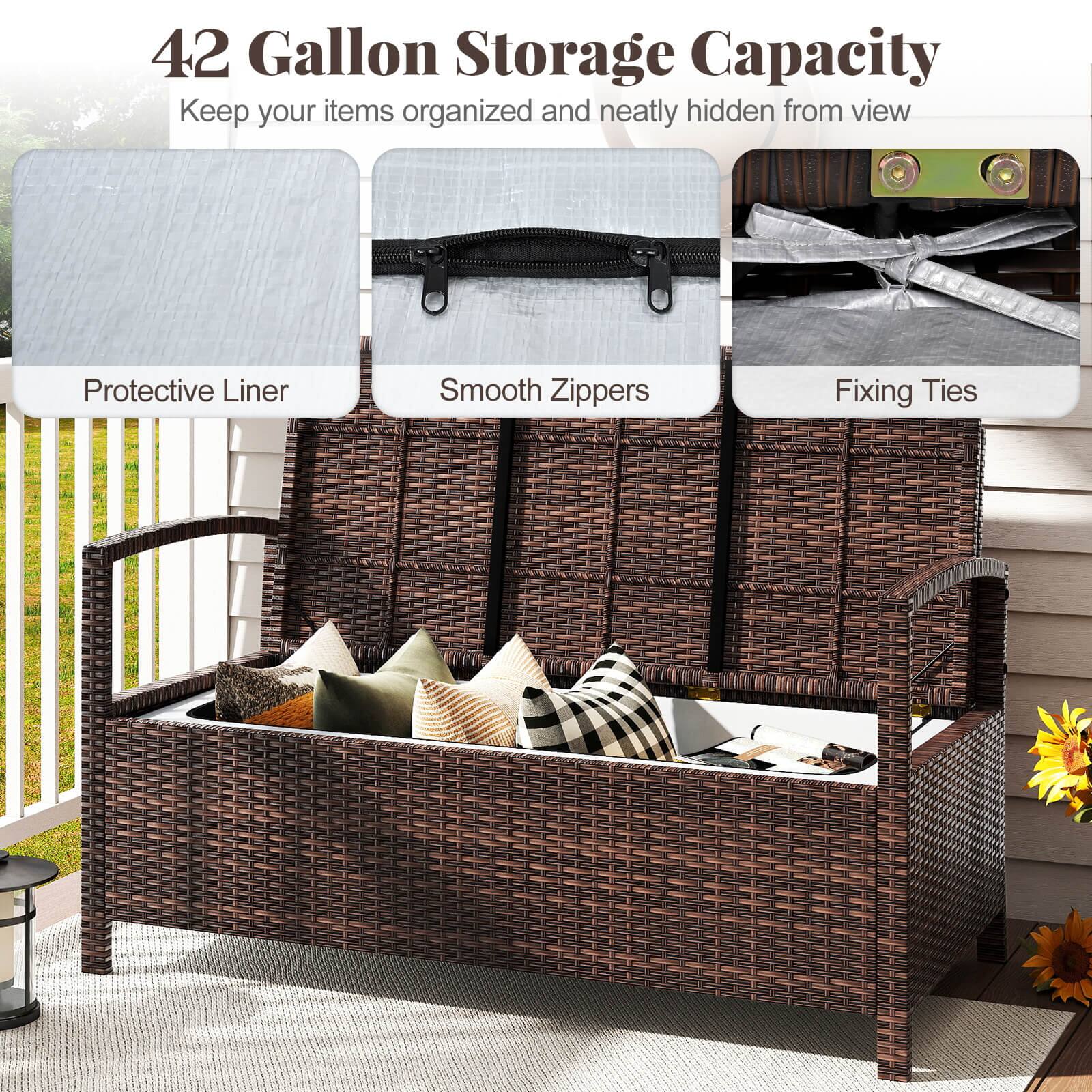 42 Gallon Storage Capacity  
Keep your items organized and neatly hidden from view  

Protective Liner  
Smooth Zippers  
Fixing Ties