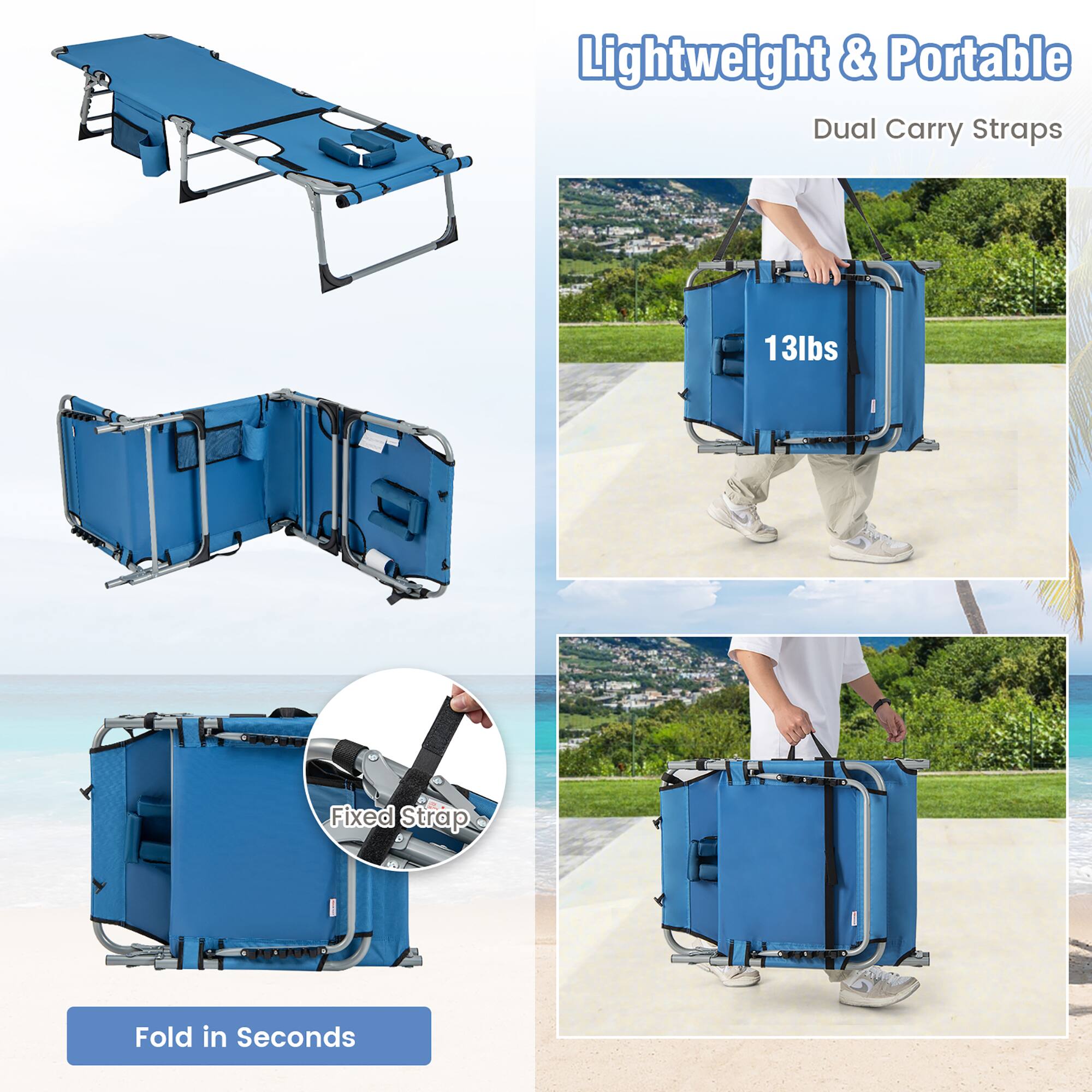 Lightweight & Portable, Dual Carry Straps, 13lbs, Fixed Strap, Fold in Seconds