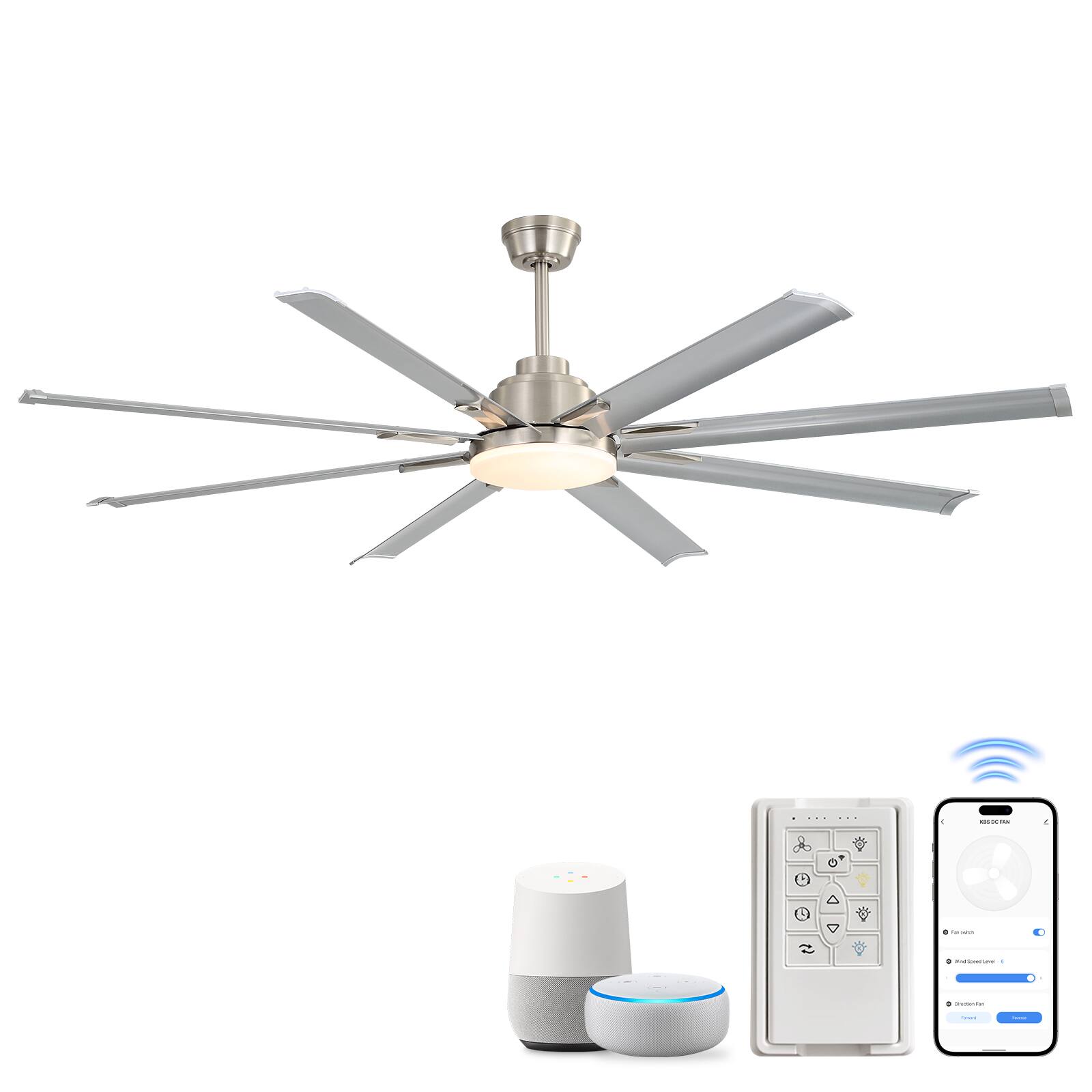 Sofucor - Large Smart Ceiling Fan with Light, Indoor/Outdoor, Alexa/Google/App Control, 8 ABS Blades, Remote - Nickel-84inch