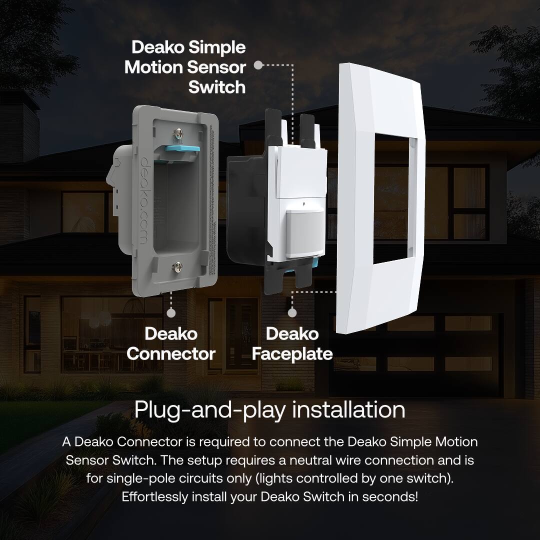 Deako Simple Motion Sensor Switch

Deako Connector  
Deako Faceplate

Plug-and-play installation

A Deako Connector is required to connect the Deako Simple Motion Sensor Switch. The setup requires a neutral wire connection and is for single-pole circuits only (lights controlled by one switch). Effortlessly install your Deako Switch in seconds!