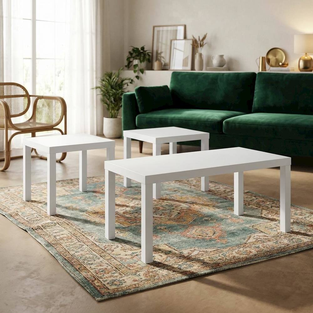 Angle. FurniFact - White Rectangle Coffee Table with 2 Side Tables - White.
