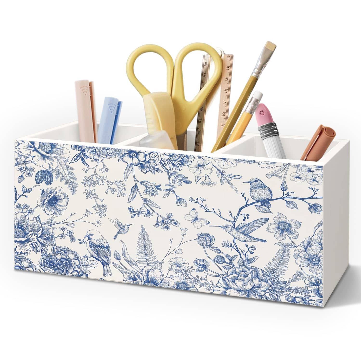 Vulpecula Spade - Chinoiserie Floarl Pen Holder for Home Office Desk, Vintage Home Decor, Chinoiserie Blue and White Floral Birds Makeup