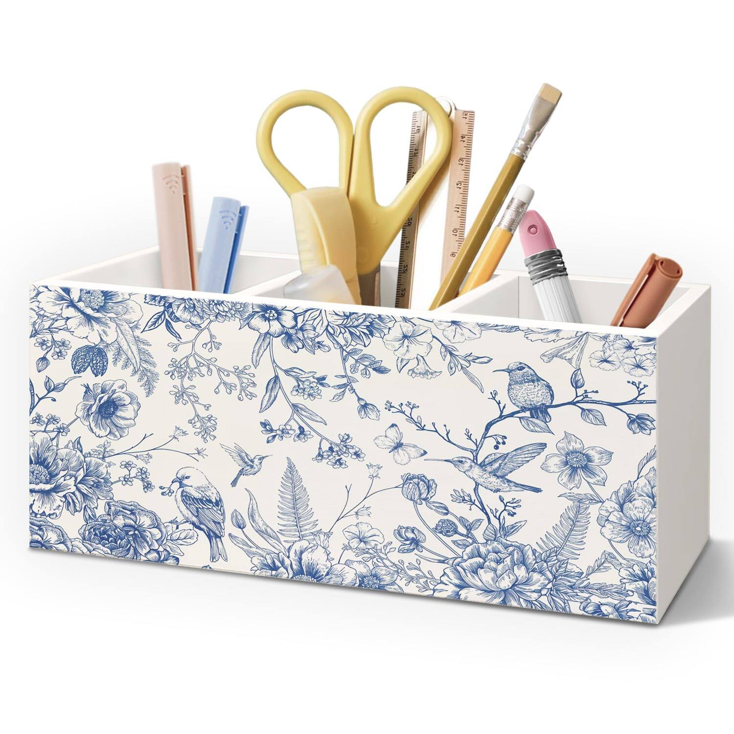 Front. Vulpecula Spade - Chinoiserie Floarl Pen Holder for Home Office Desk, Vintage Home Decor, Chinoiserie Blue and White Floral Birds Makeup.