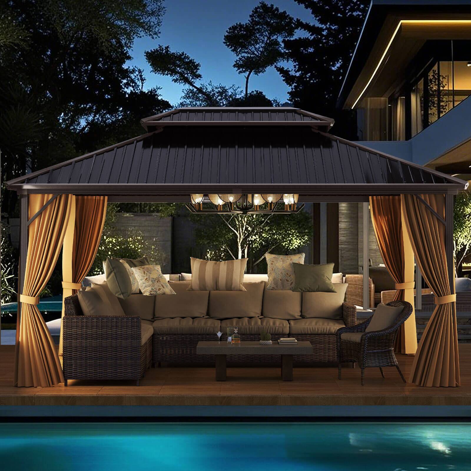 Alt View 1. Costway - Costway 16 x 12 FT Hardtop Gazebo Aluminum Frame Permanent Pavilion with Curtains & Netting - Brown.
