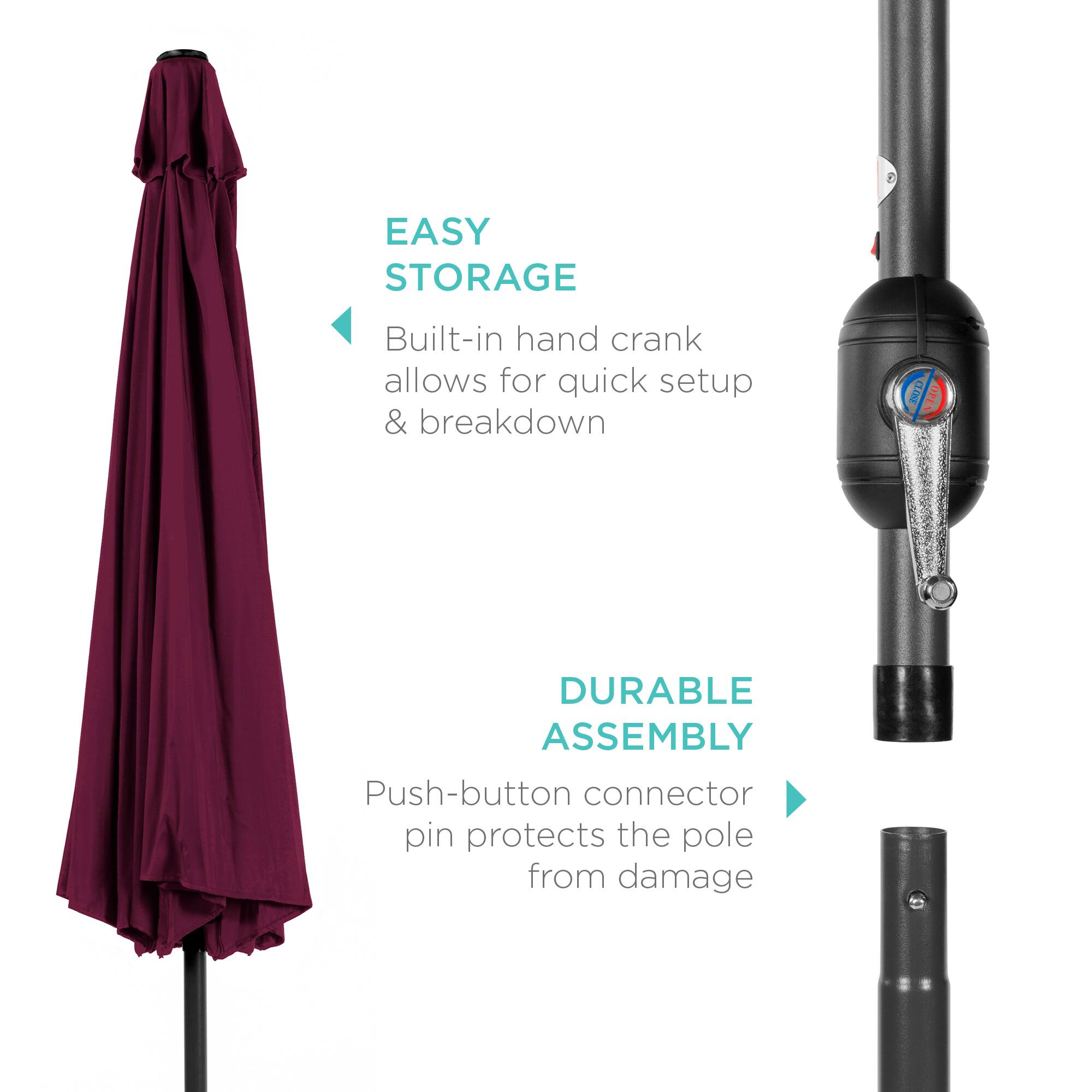 EASY STORAGE  
Built-in hand crank allows for quick setup & breakdown  

DURABLE ASSEMBLY  
Push-button connector pin protects the pole from damage
