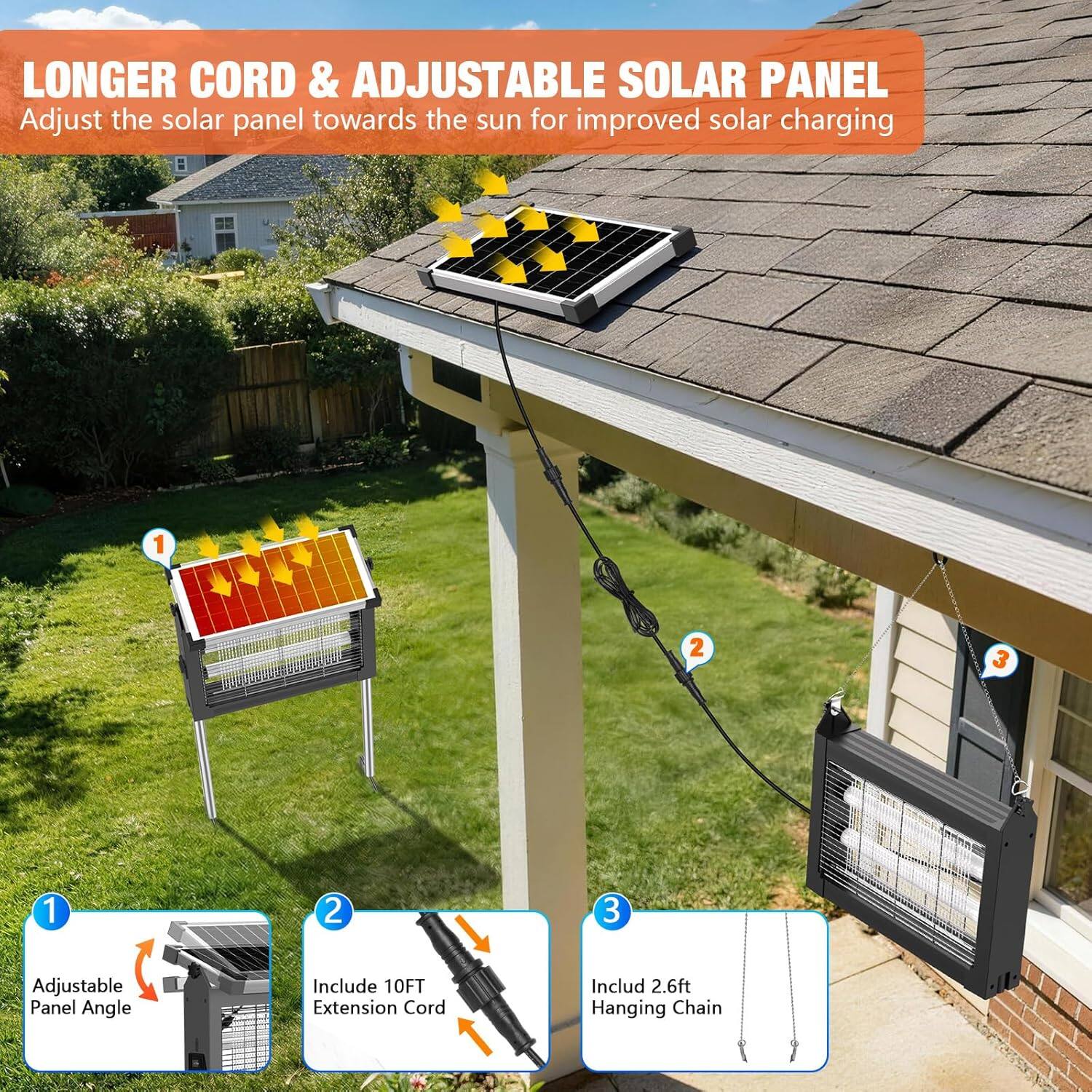 LONGER CORD & ADJUSTABLE SOLAR PANEL  
Adjust the solar panel towards the sun for improved solar charging

1. Adjustable Panel Angle
2. Include 10FT Extension Cord
3. Include 2.6ft Hanging Chain