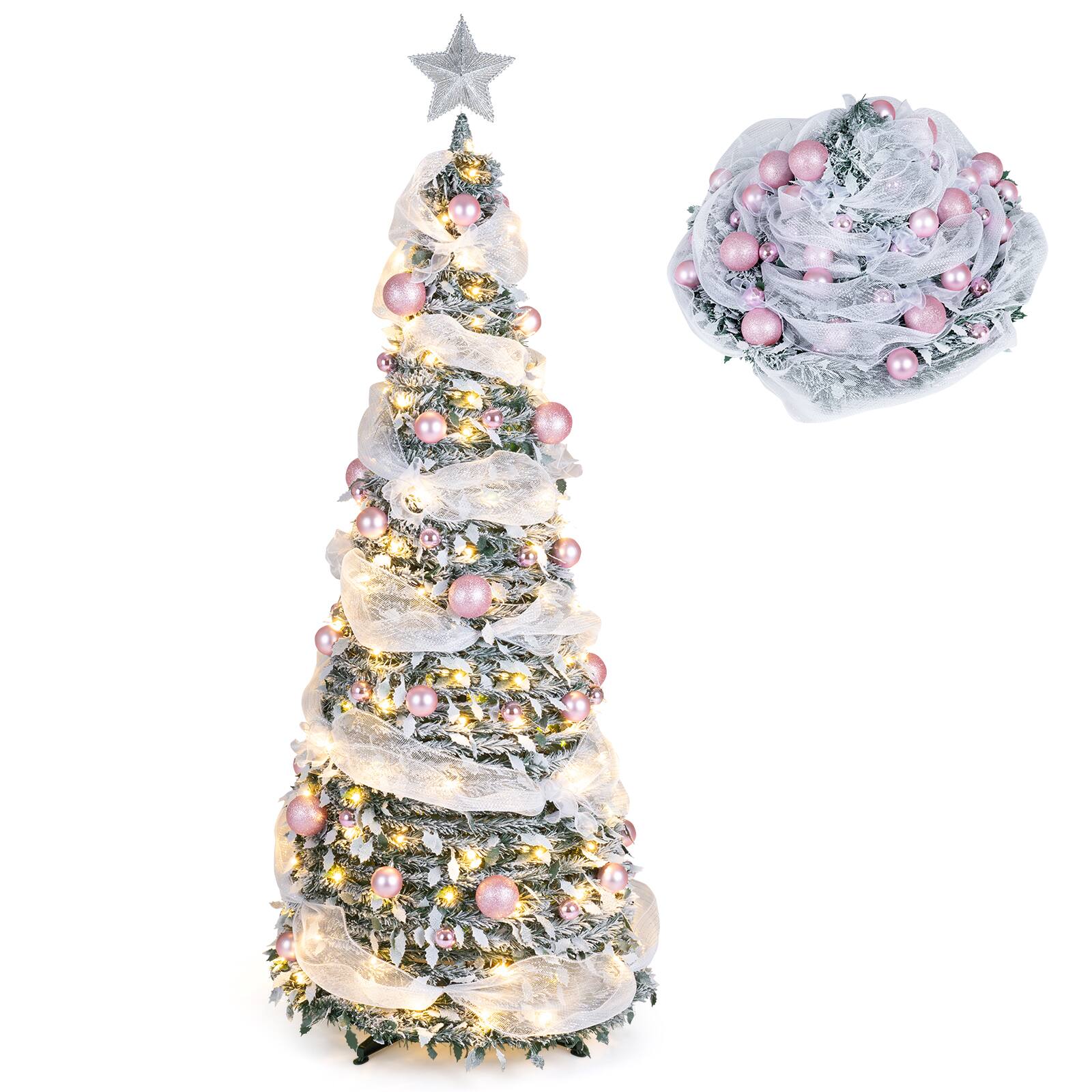 Alt View 1. Costway - Costway 6 ft Pop Up Flocked Christmas Tree with 55 Xmas Balls 150 Pre-Lit LED Lights Ribbon - Green & White.