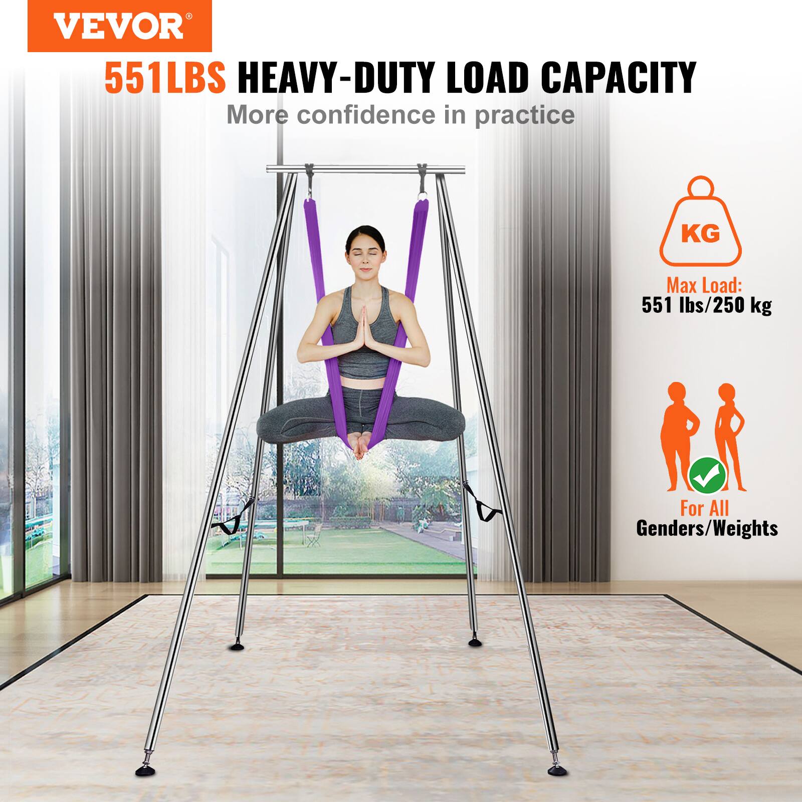 VEVOR  
551LBS HEAVY-DUTY LOAD CAPACITY  
More confidence in practice  

Max Load: 551 lbs/250 kg  

For All Genders/Weights