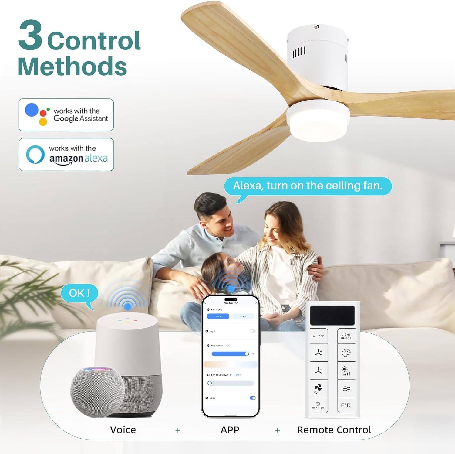 3 Control Methods

- works with the Google Assistant
- works with the amazon alexa

Alexa, turn on the ceiling fan.

OK!

Voice + APP + Remote Control